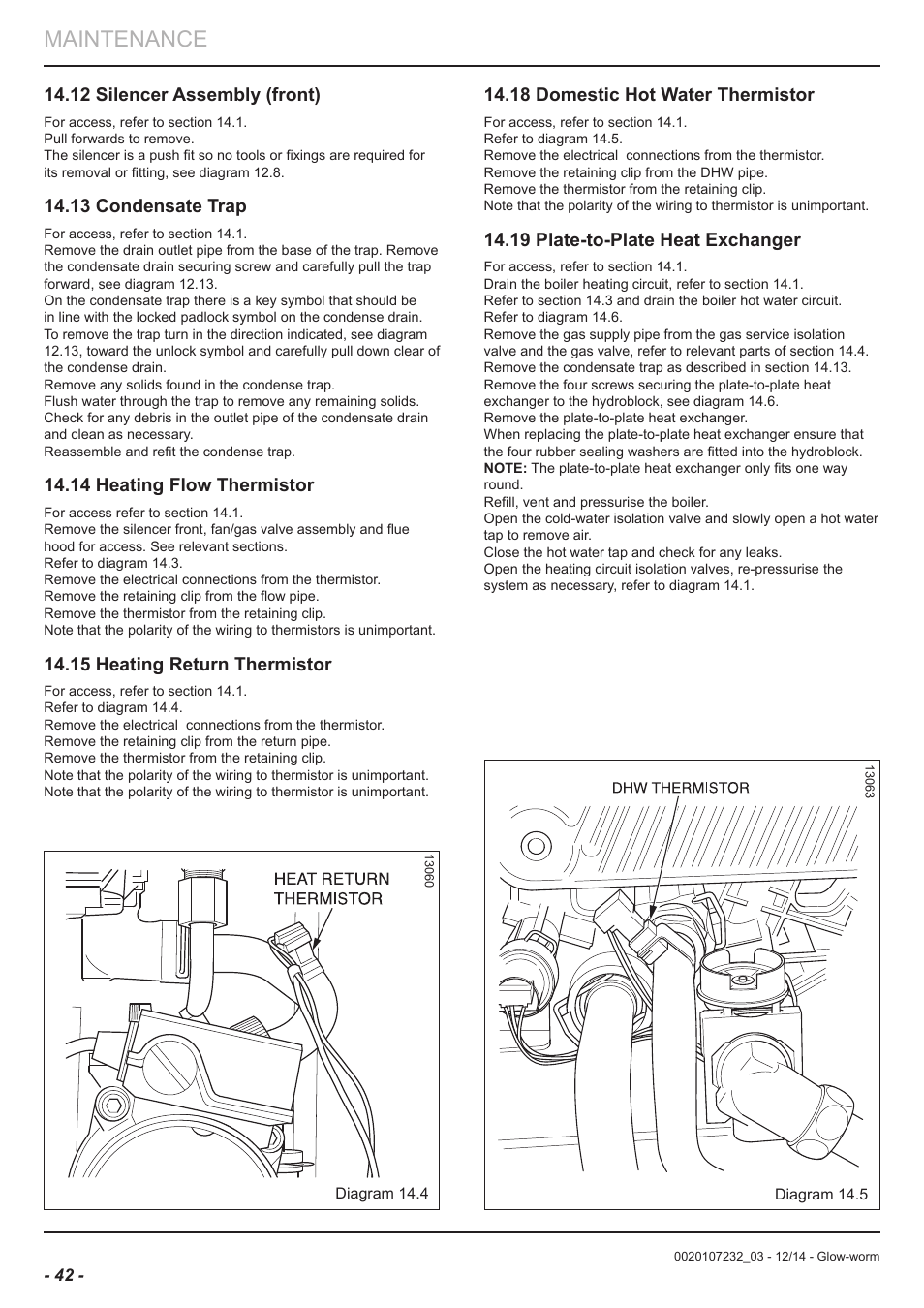 Maintenance, 12 silencer assembly (front), 13 condensate trap | 14 heating flow thermistor, 15 heating return thermistor, 18 domestic hot water thermistor, 19 plate-to-plate heat exchanger | Glow-worm Flexicom cx User Manual | Page 42 / 56