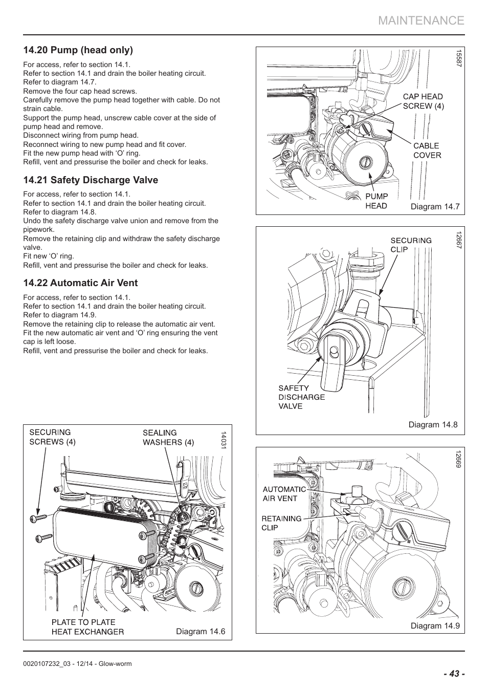 Maintenance, 20 pump (head only), 21 safety discharge valve | 22 automatic air vent | Glow-worm Flexicom cx User Manual | Page 43 / 56