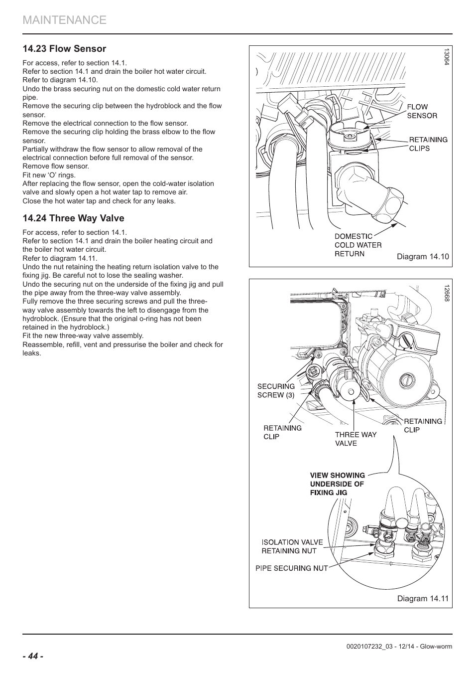 Maintenance, 23 flow sensor, 24 three way valve | Glow-worm Flexicom cx User Manual | Page 44 / 56