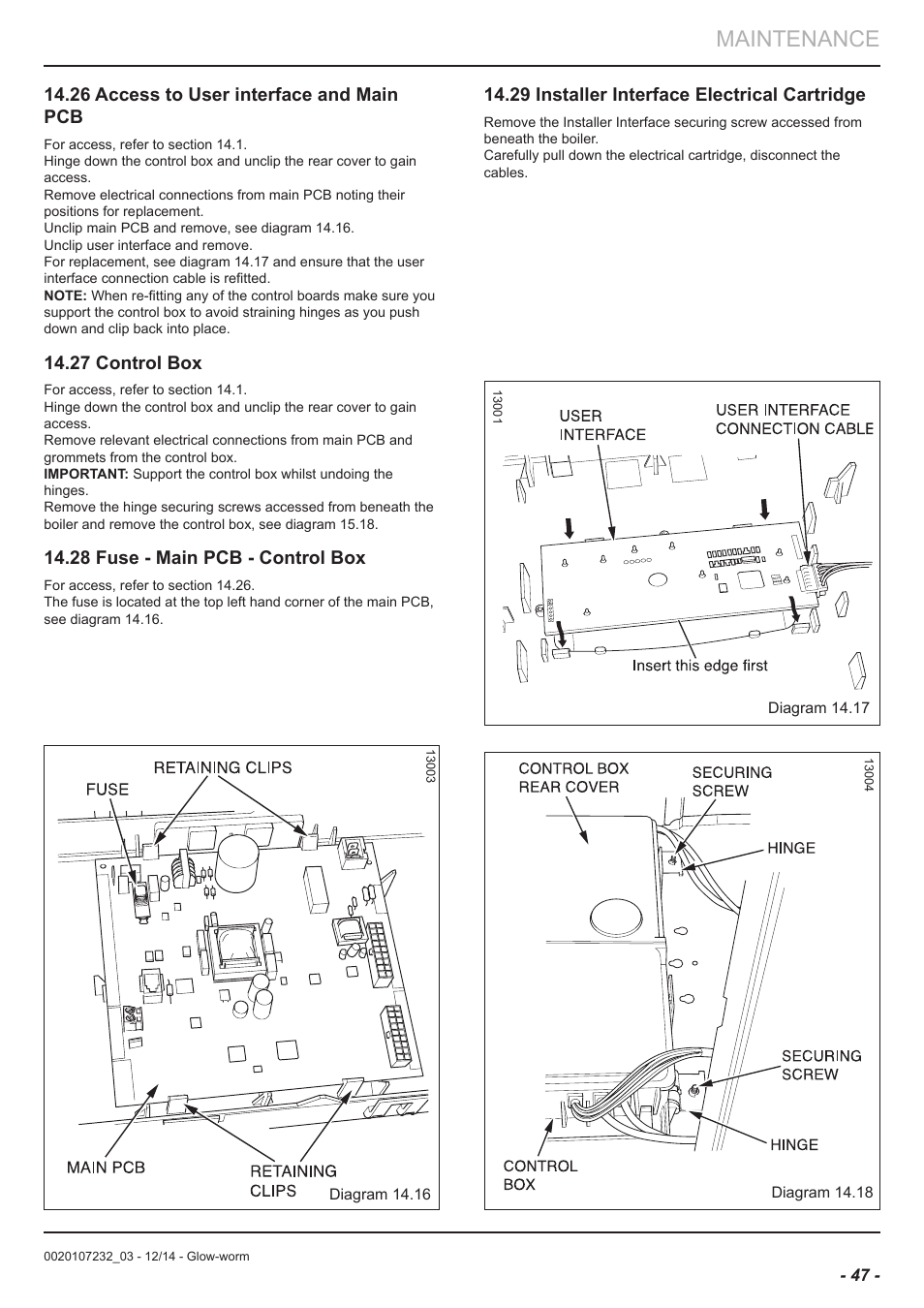 Maintenance, 26 access to user interface and main pcb, 27 control box | 28 fuse - main pcb - control box, 29 installer interface electrical cartridge | Glow-worm Flexicom cx User Manual | Page 47 / 56