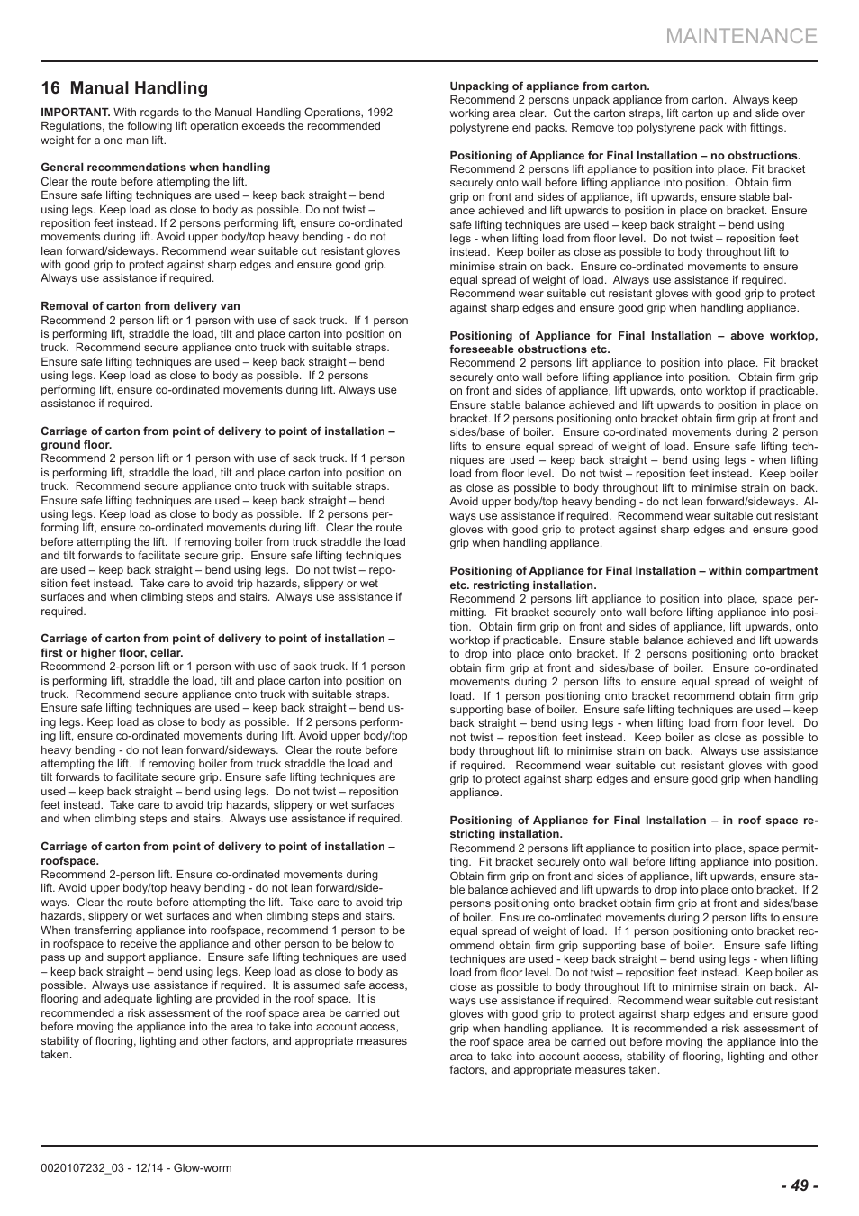 Maintenance, 16 manual handling | Glow-worm Flexicom cx User Manual | Page 49 / 56