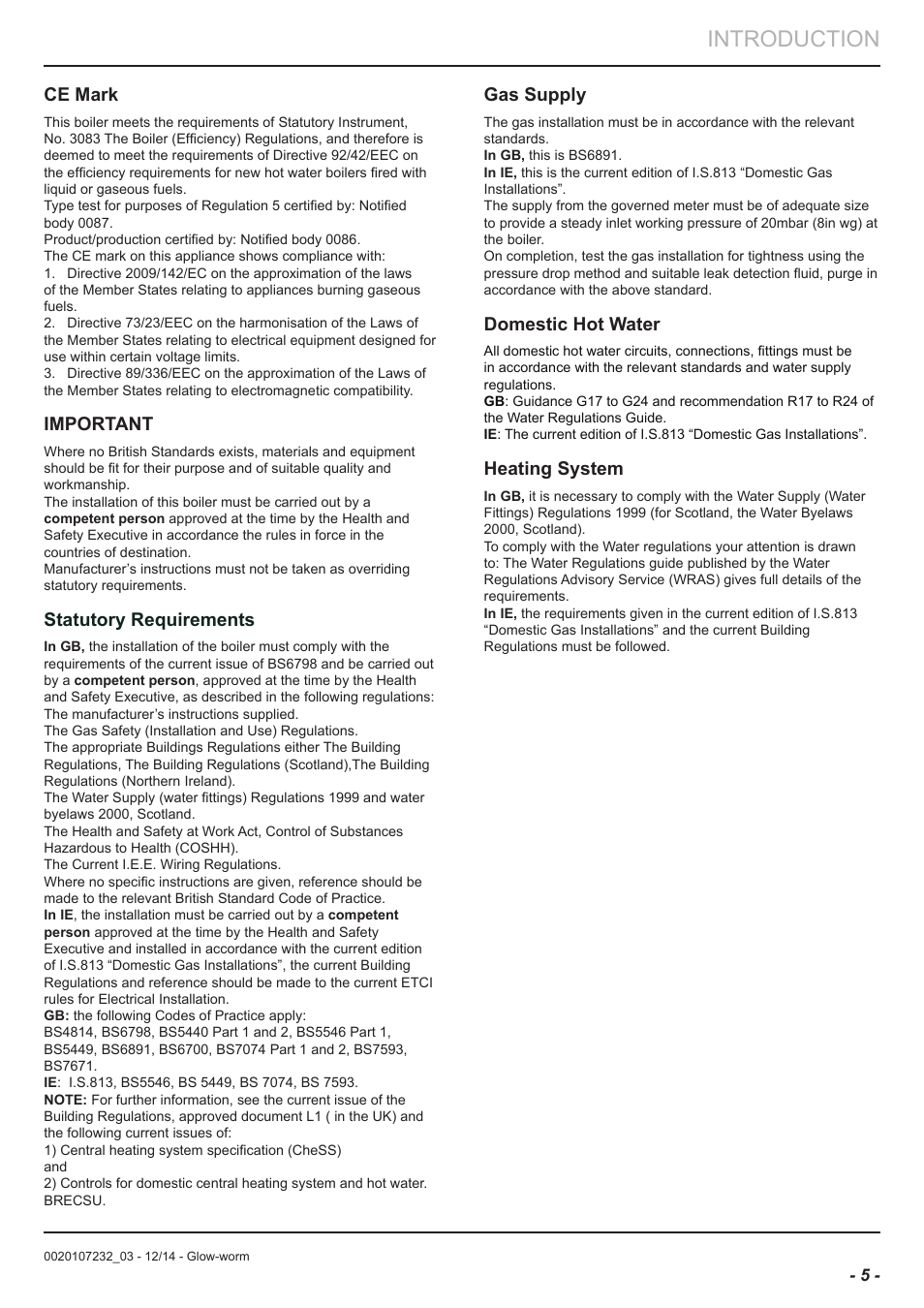 Introduction, Ce mark, Important | Statutory requirements, Gas supply, Domestic hot water, Heating system | Glow-worm Flexicom cx User Manual | Page 5 / 56