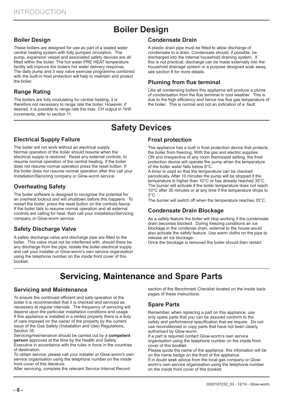 Safety devices, Servicing, maintenance and spare parts, Introduction | Boiler design, Range rating, Electrical supply failure, Overheating safety, Safety discharge valve, Frost protection, Condensate drain blockage | Glow-worm Flexicom cx User Manual | Page 6 / 56