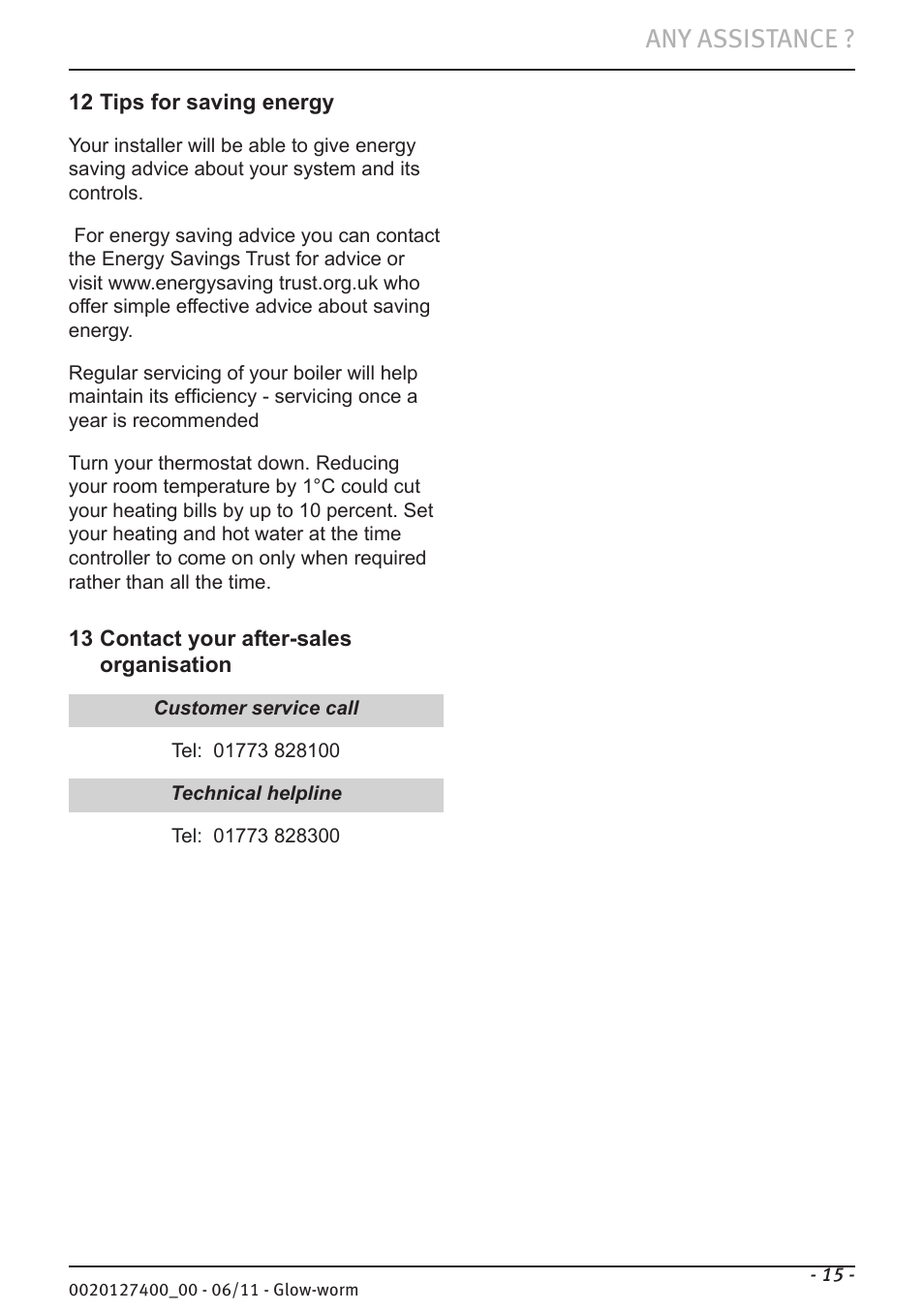 Any assistance | Glow-worm Flexicom hx User Manual | Page 15 / 16