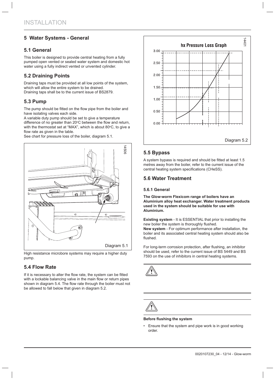 Installation, 5 water systems - general 5.1 general, 2 draining points | 3 pump, 4 flow rate, 5 bypass, 6 water treatment | Glow-worm Flexicom hx User Manual | Page 14 / 52