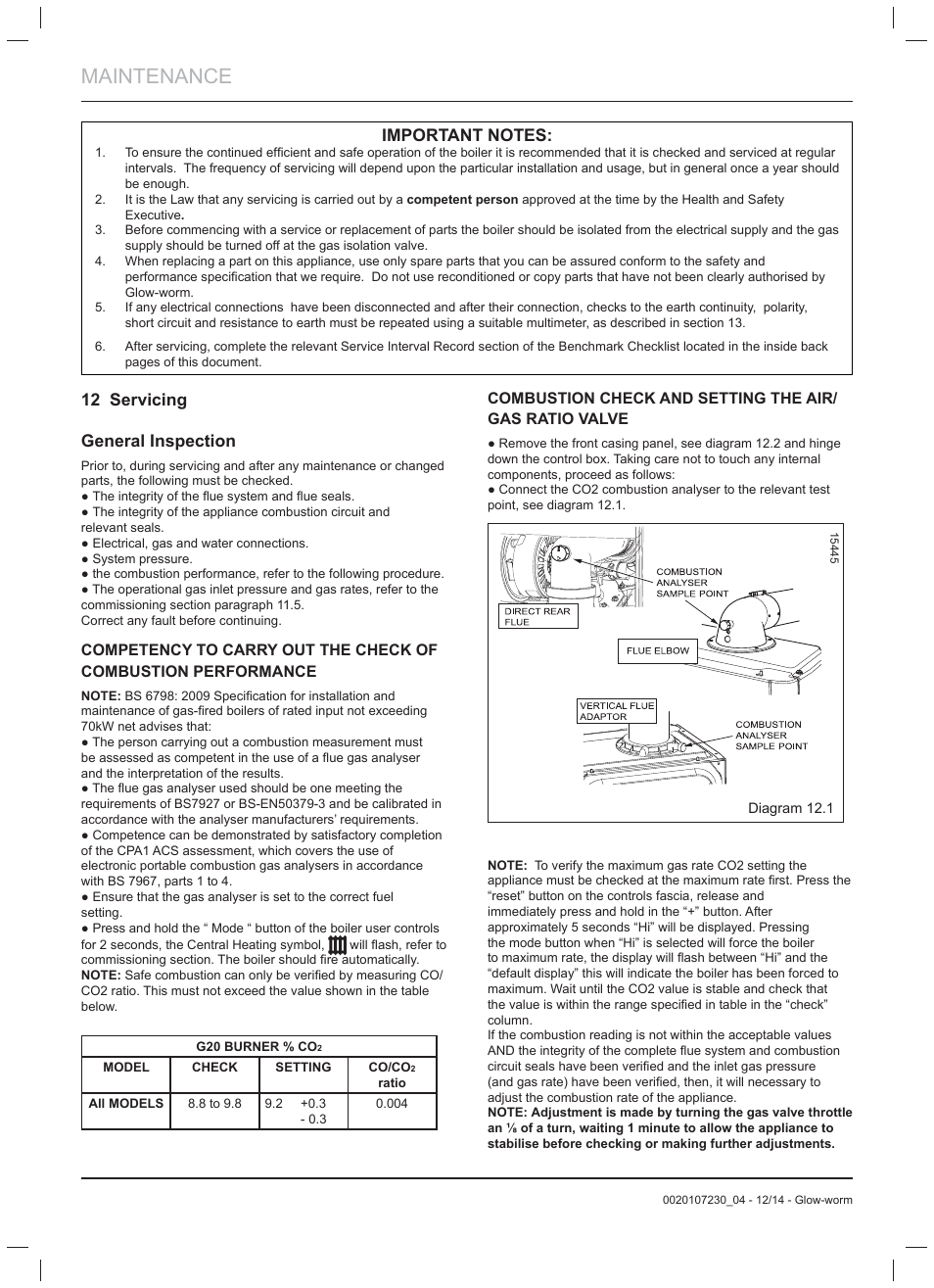 Maintenance, 12 servicing general inspection | Glow-worm Flexicom hx User Manual | Page 28 / 52