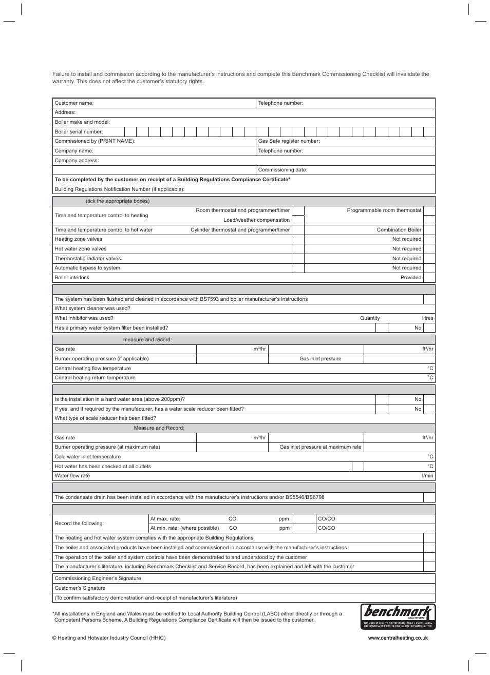 Gas boiler system commissioning checklist | Glow-worm Flexicom hx User Manual | Page 47 / 52