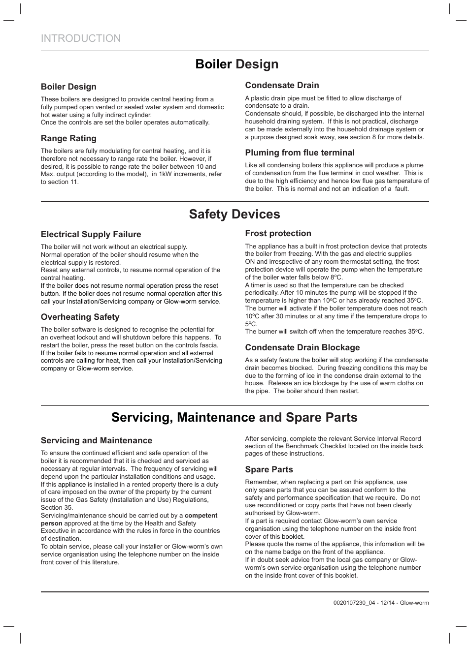 Boiler design, Safety devices, Servicing, maintenance and spare parts | Introduction | Glow-worm Flexicom hx User Manual | Page 6 / 52
