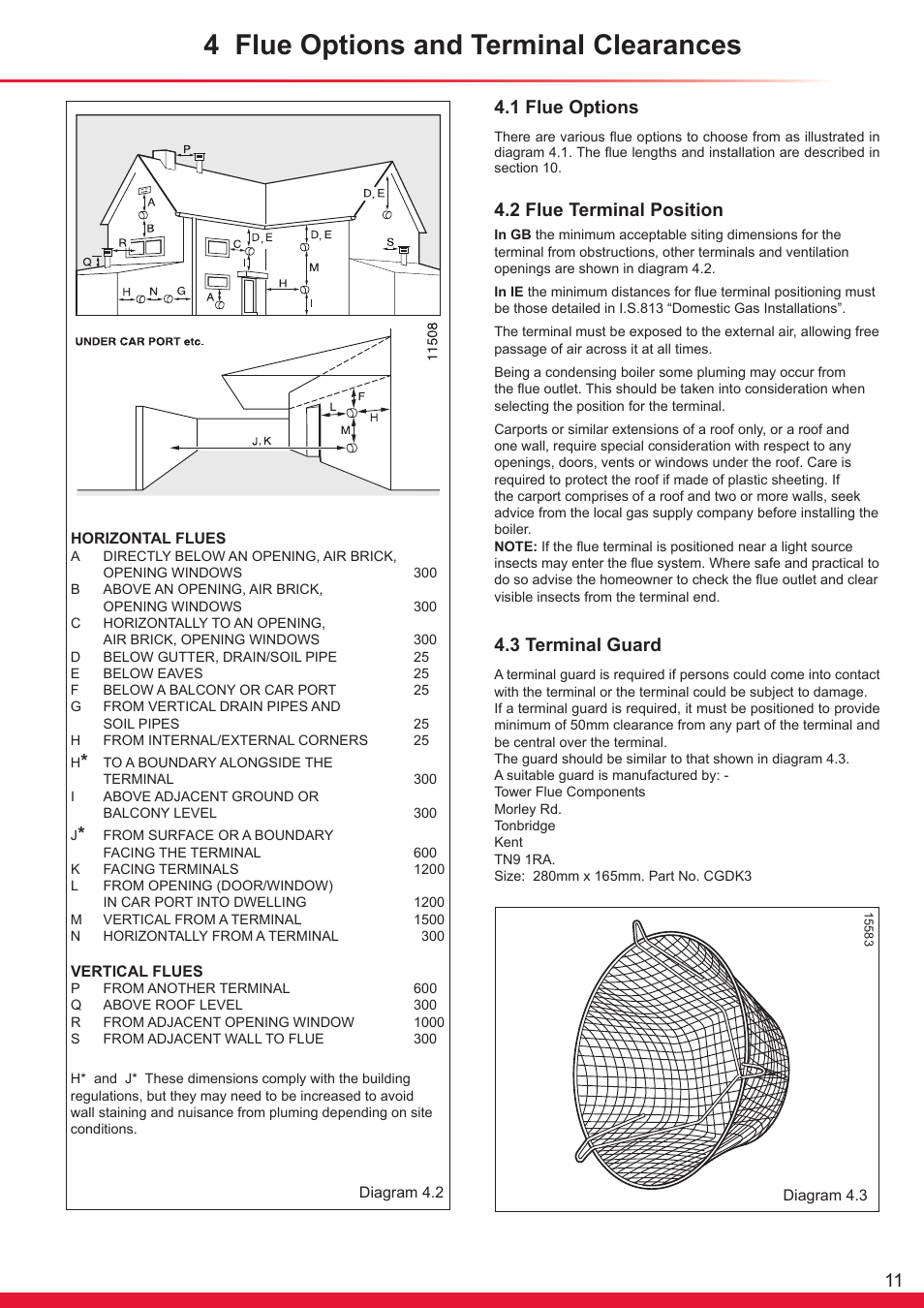 4 flue options and terminal clearances, 1 flue options, 2 flue terminal position | 3 terminal guard | Glow-worm Flexicom hx User Manual | Page 11 / 60