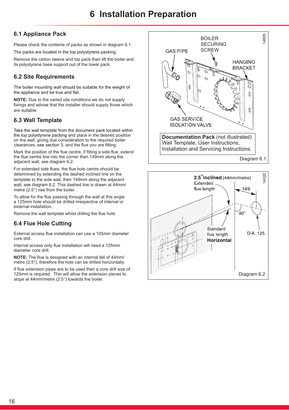 6 installation preparation, 1 appliance pack, 2 site requirements | 3 wall template, 4 flue hole cutting | Glow-worm Flexicom hx User Manual | Page 16 / 60