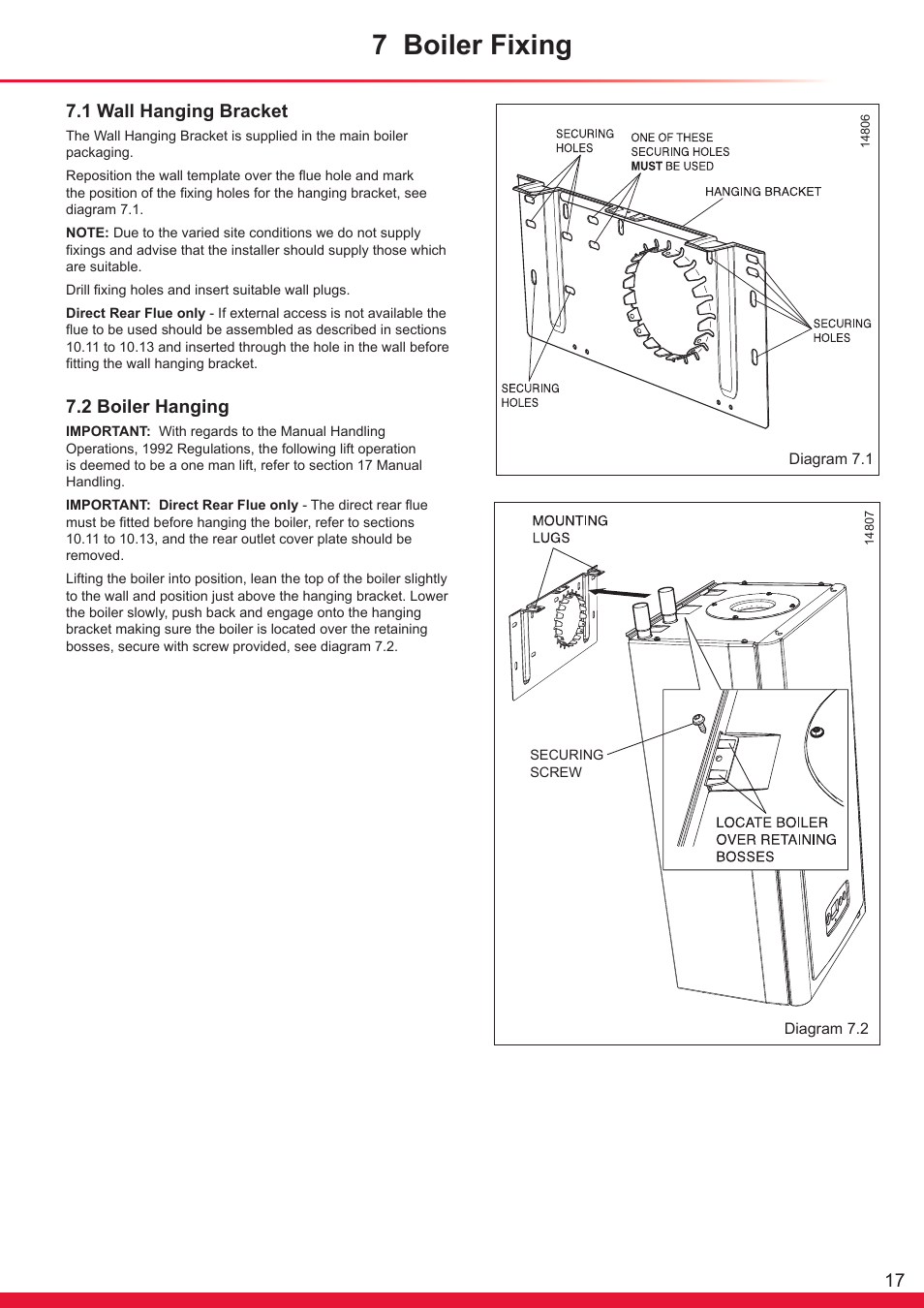 7 boiler fixing, 1 wall hanging bracket, 2 boiler hanging | Glow-worm Flexicom hx User Manual | Page 17 / 60
