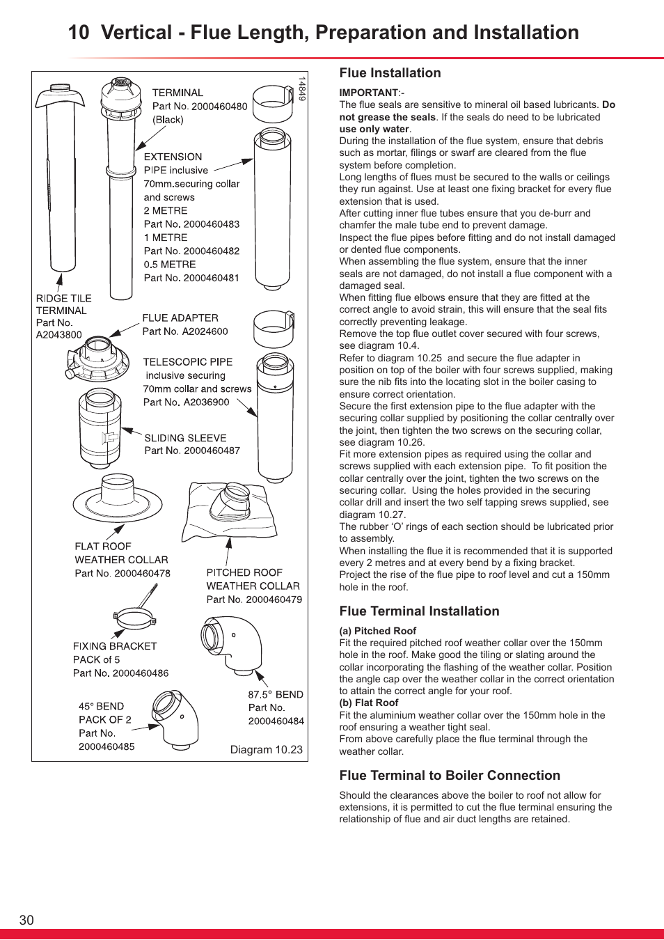 Flue installation, Flue terminal installation, Flue terminal to boiler connection | Glow-worm Flexicom hx User Manual | Page 30 / 60