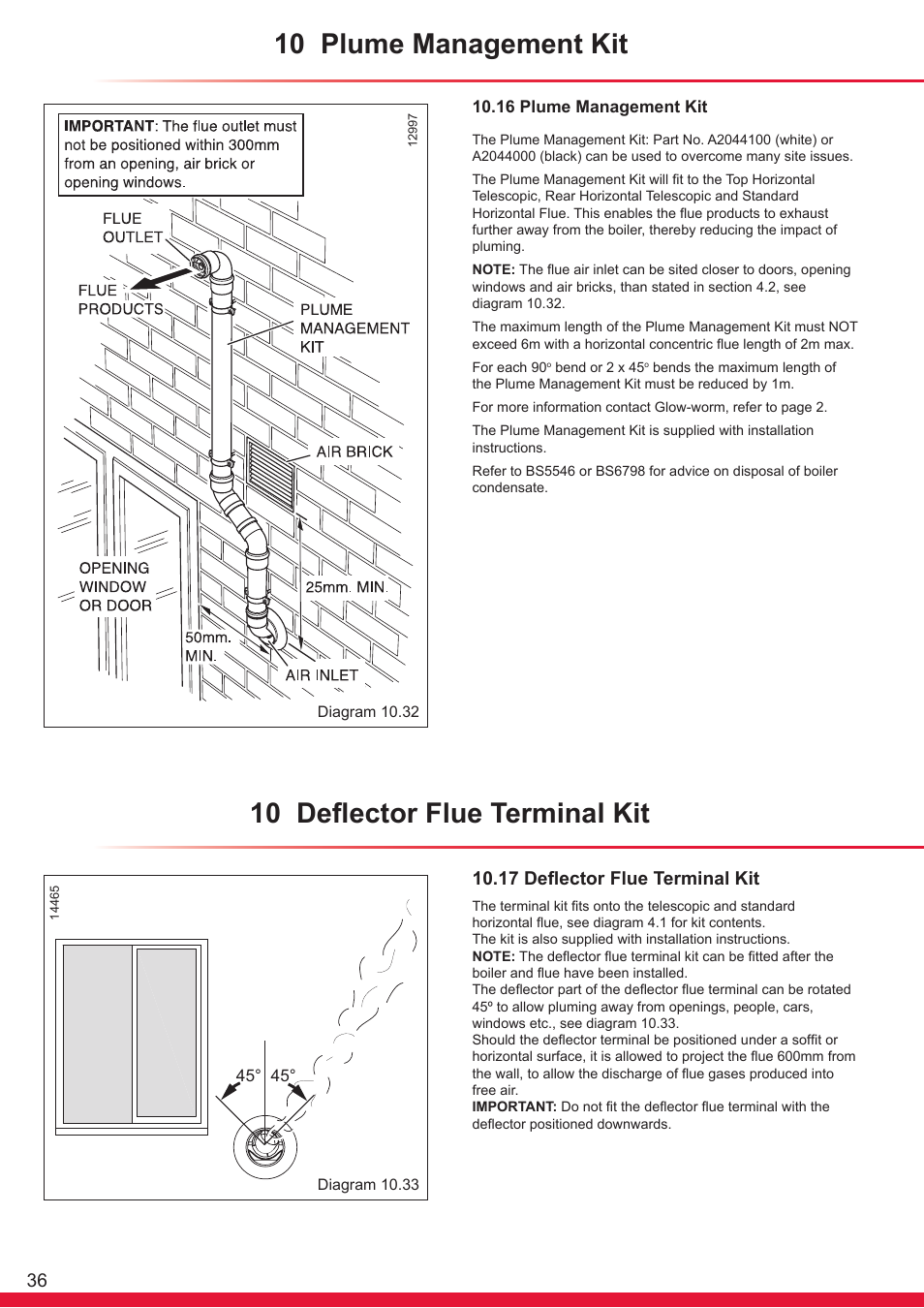10 plume management kit, 10 deflector flue terminal kit, 17 deflector flue terminal kit | Glow-worm Flexicom hx User Manual | Page 36 / 60
