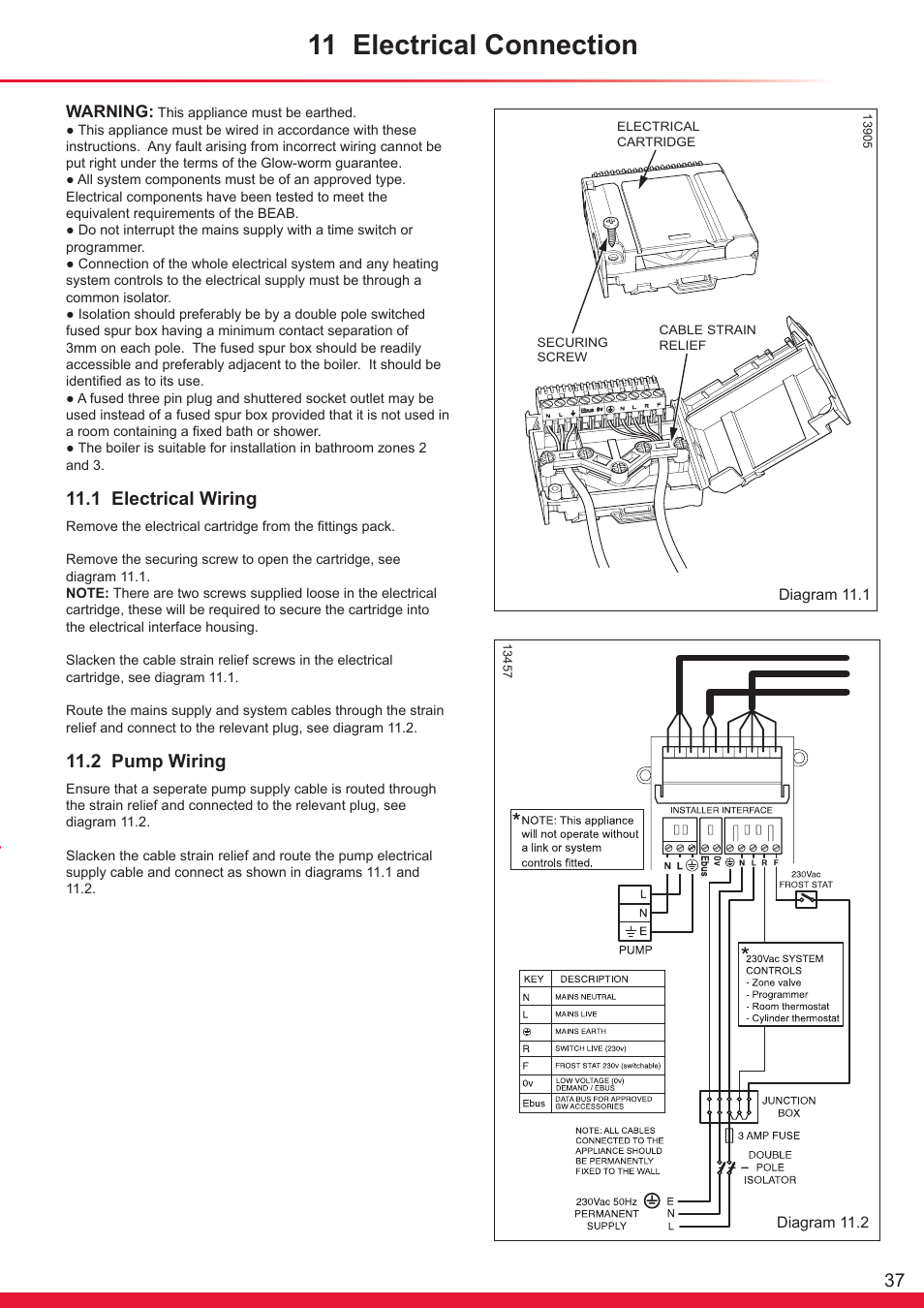 11 electrical connection, 1 electrical wiring, 2 pump wiring | Glow-worm Flexicom hx User Manual | Page 37 / 60