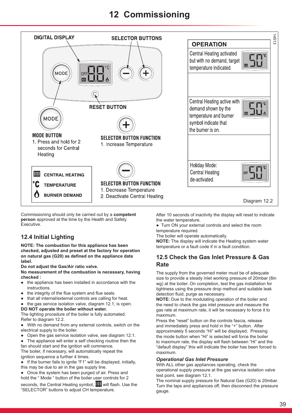 12 commissioning, 4 initial lighting, 5 check the gas inlet pressure & gas rate | Glow-worm Flexicom hx User Manual | Page 39 / 60