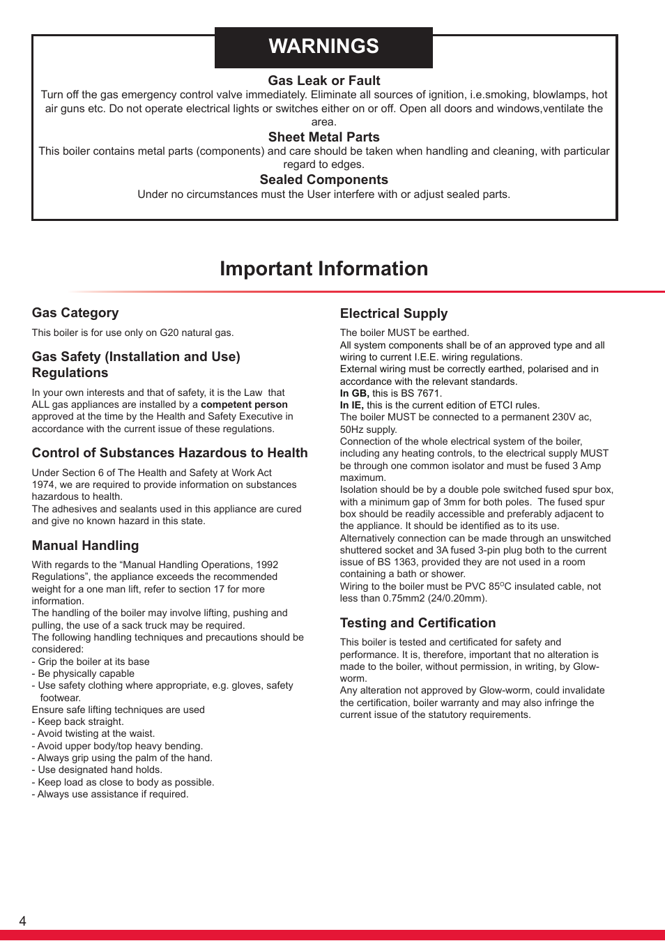 Warnings, Important information, Gas leak or fault | Sheet metal parts, Sealed components, Gas category, Gas safety (installation and use) regulations, Control of substances hazardous to health, Manual handling, Electrical supply | Glow-worm Flexicom hx User Manual | Page 4 / 60