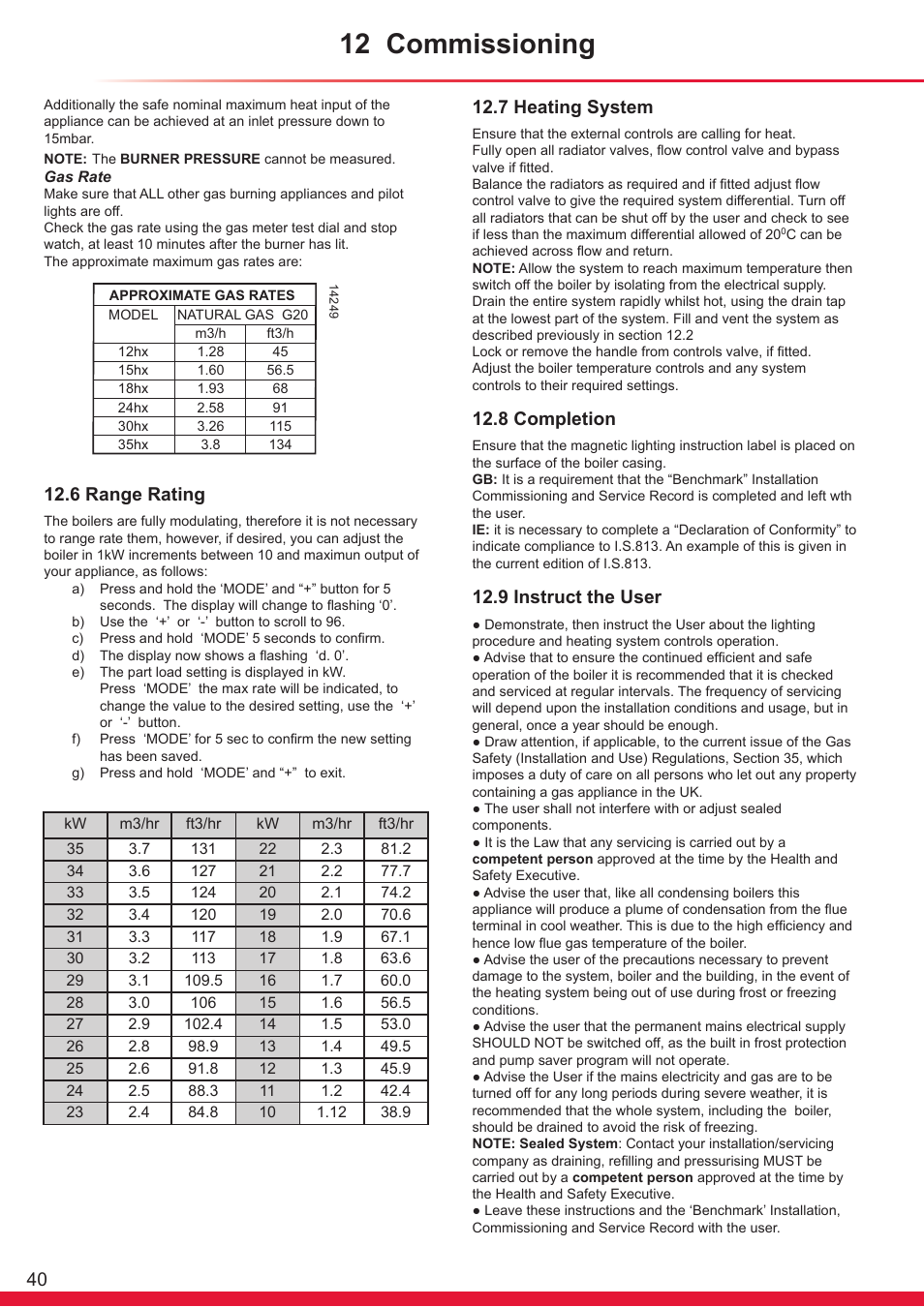 12 commissioning, 7 heating system, 8 completion | 9 instruct the user, 6 range rating | Glow-worm Flexicom hx User Manual | Page 40 / 60