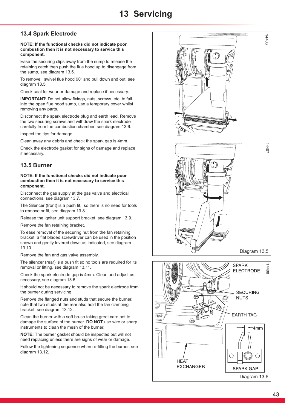 13 servicing, 4 spark electrode, 5 burner | Glow-worm Flexicom hx User Manual | Page 43 / 60