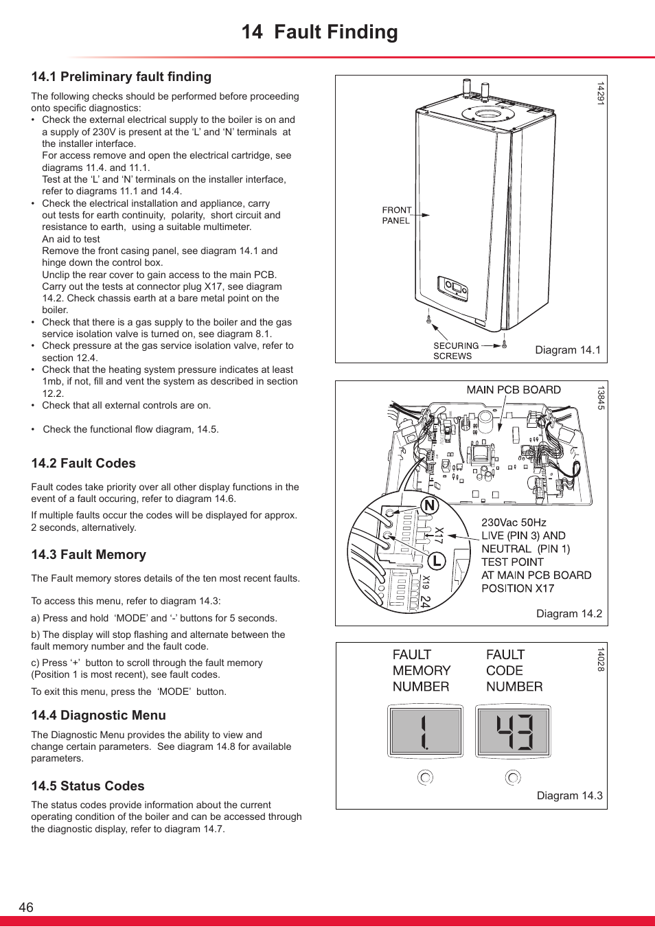 14 fault finding, 1 preliminary fault finding, 2 fault codes | 4 diagnostic menu, 5 status codes | Glow-worm Flexicom hx User Manual | Page 46 / 60