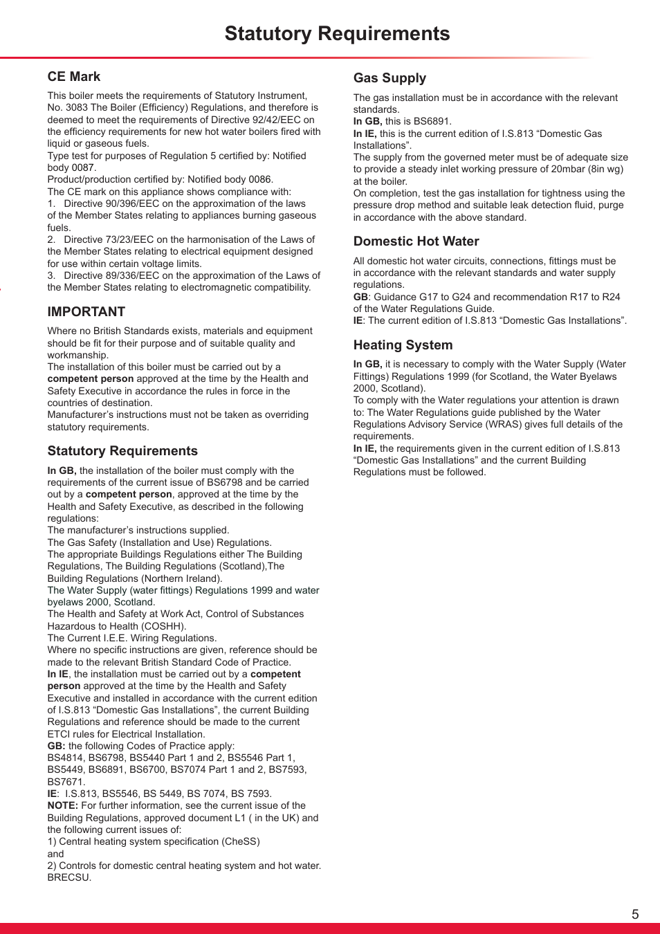 5ce mark, Important, Statutory requirements | Gas supply, Domestic hot water, Heating system | Glow-worm Flexicom hx User Manual | Page 5 / 60