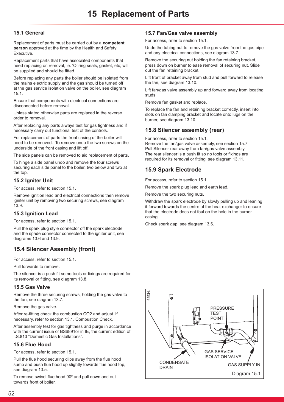 15 replacement of parts, 4 silencer assembly (front), 8 silencer assembly (rear) | 9 spark electrode | Glow-worm Flexicom hx User Manual | Page 52 / 60