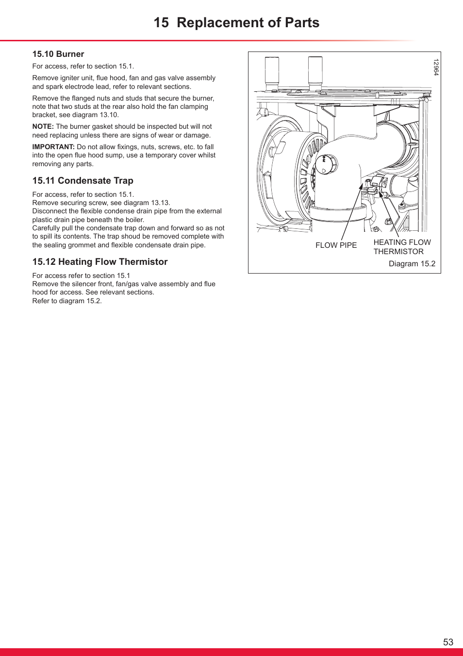 15 replacement of parts, 11 condensate trap, 12 heating flow thermistor | Glow-worm Flexicom hx User Manual | Page 53 / 60