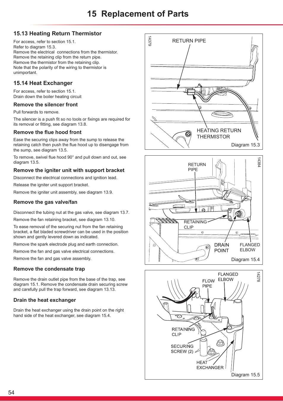 15 replacement of parts, 13 heating return thermistor, 14 heat exchanger | Glow-worm Flexicom hx User Manual | Page 54 / 60