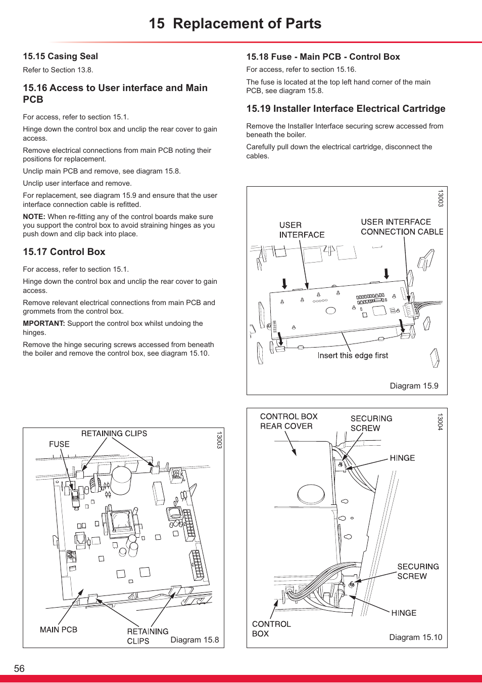 15 replacement of parts, 16 access to user interface and main pcb, 17 control box | 19 installer interface electrical cartridge | Glow-worm Flexicom hx User Manual | Page 56 / 60