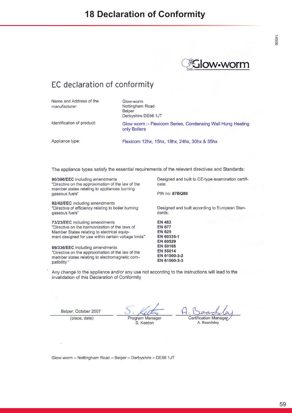 18 declaration of conformity | Glow-worm Flexicom hx User Manual | Page 59 / 60