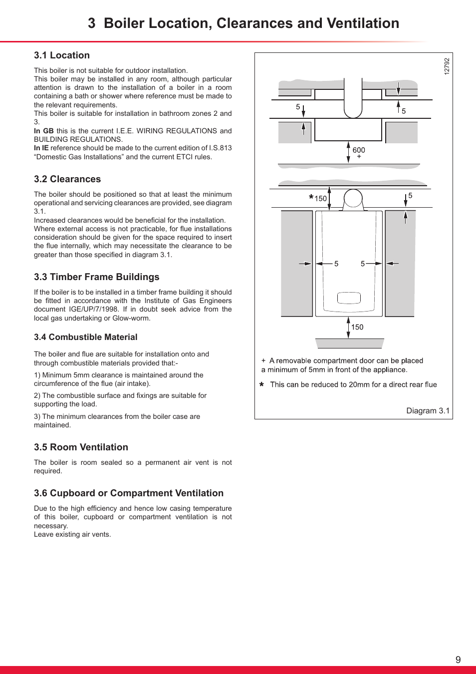 3 boiler location, clearances and ventilation, 1 location, 2 clearances | 3 timber frame buildings, 5 room ventilation, 6 cupboard or compartment ventilation | Glow-worm Flexicom hx User Manual | Page 9 / 60