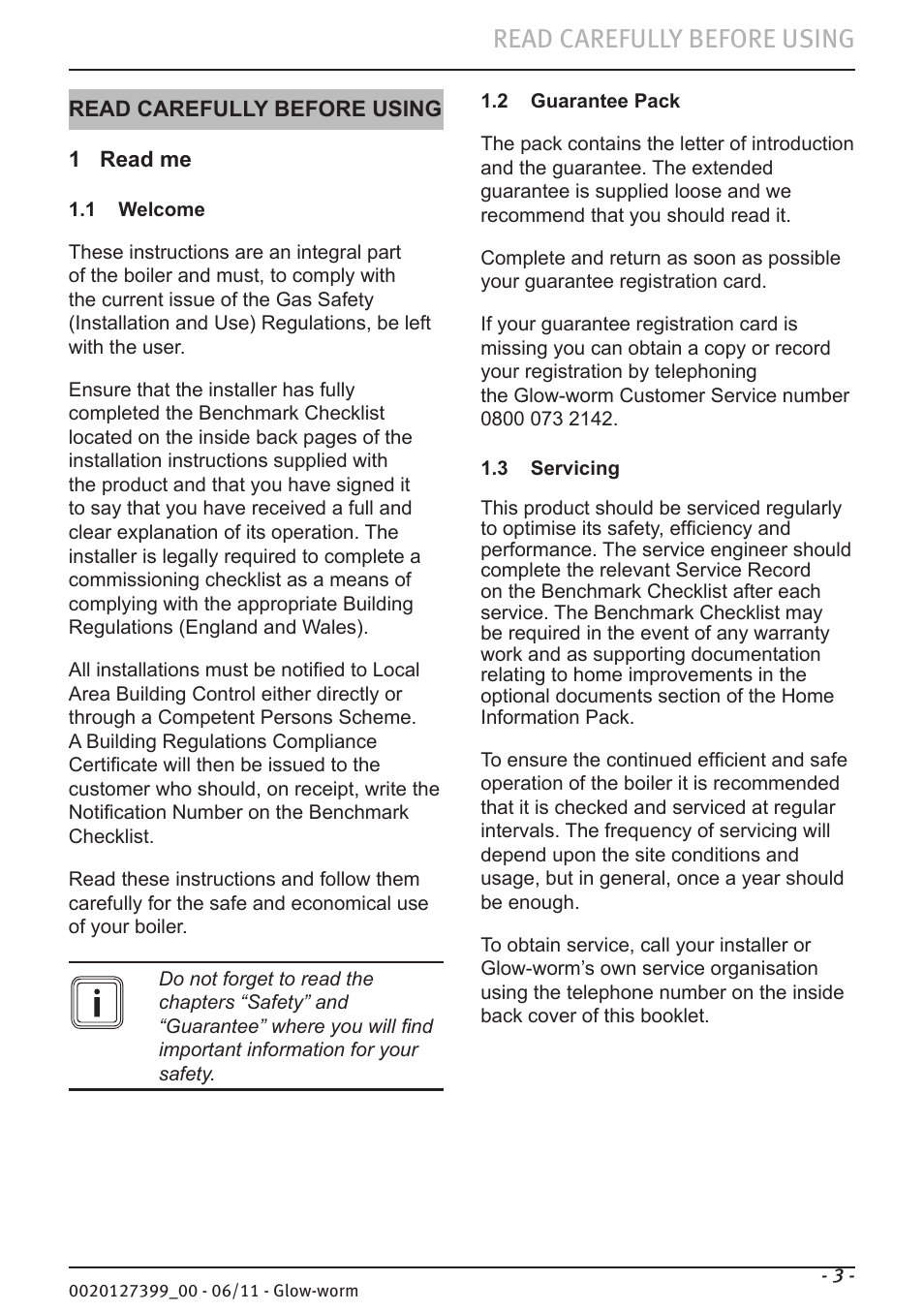 Read carefully before using | Glow-worm Flexicom sx User Manual | Page 3 / 16