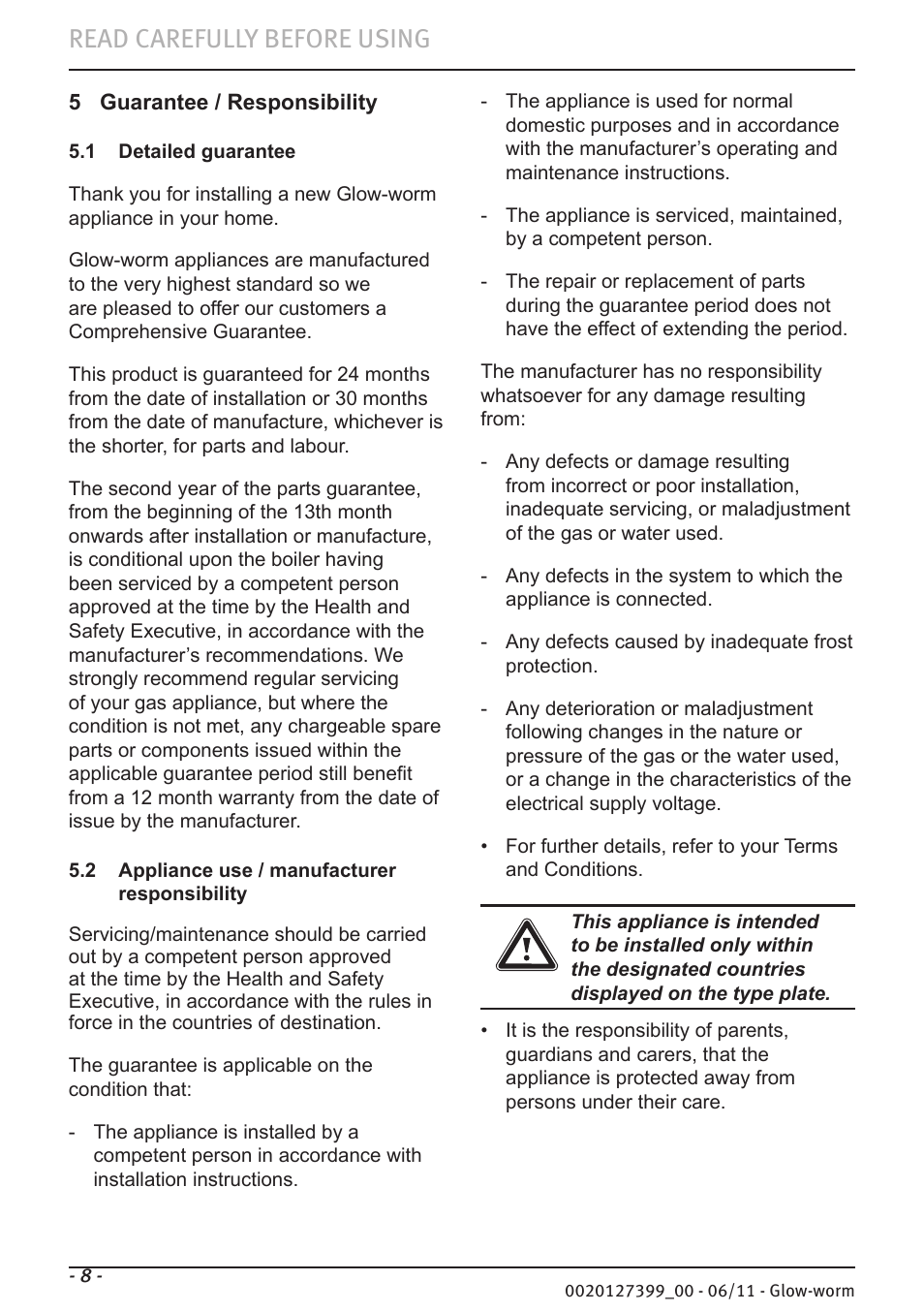 Read carefully before using | Glow-worm Flexicom sx User Manual | Page 8 / 16