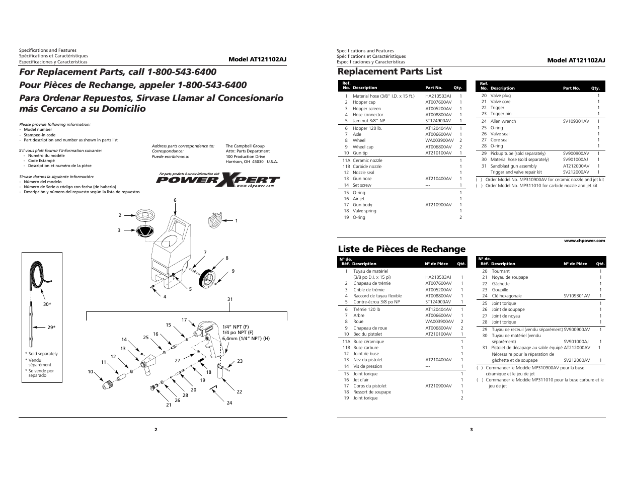 Replacement parts list, Liste de pièces de rechange | Campbell Hausfeld AT121102AJ User Manual | Page 3 / 4