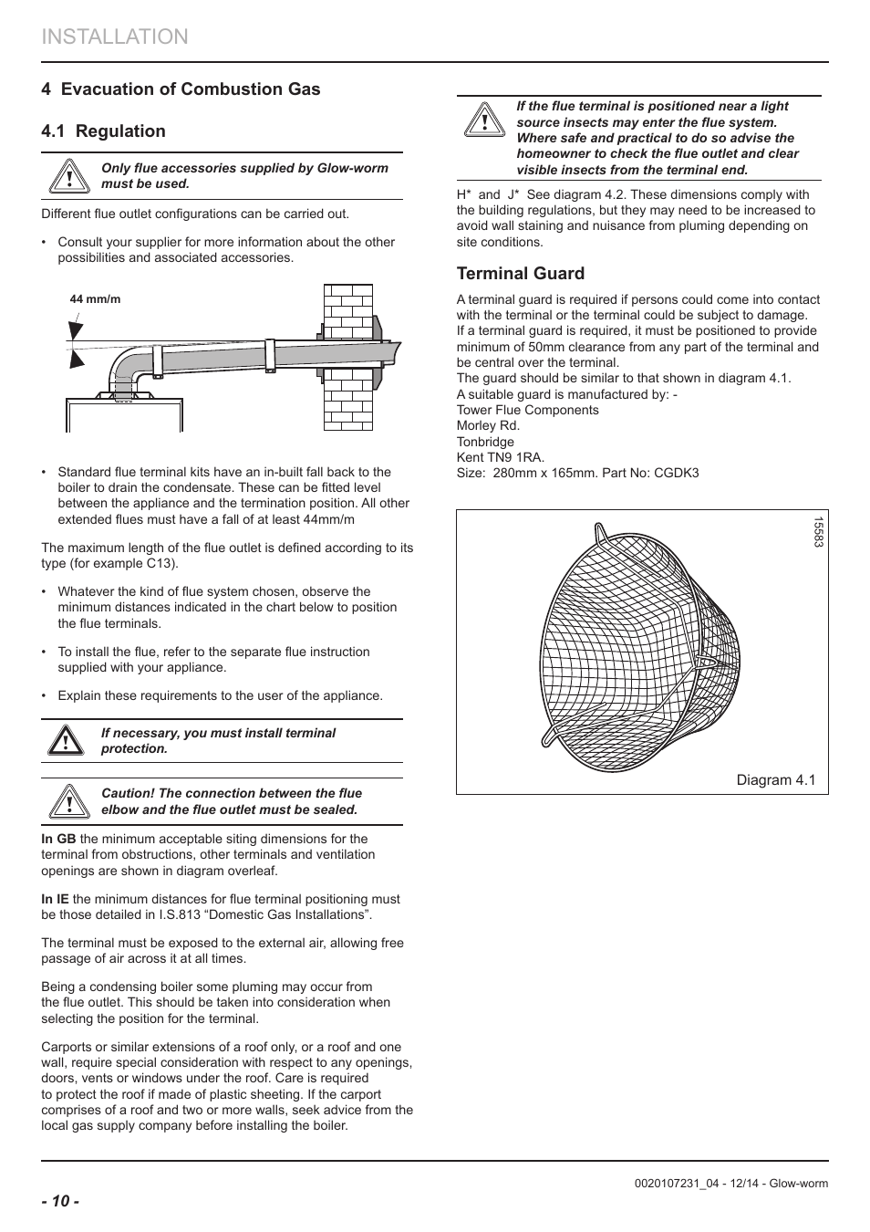Installation, 4 evacuation of combustion gas 4.1 regulation, Terminal guard | Glow-worm Flexicom sx User Manual | Page 10 / 52