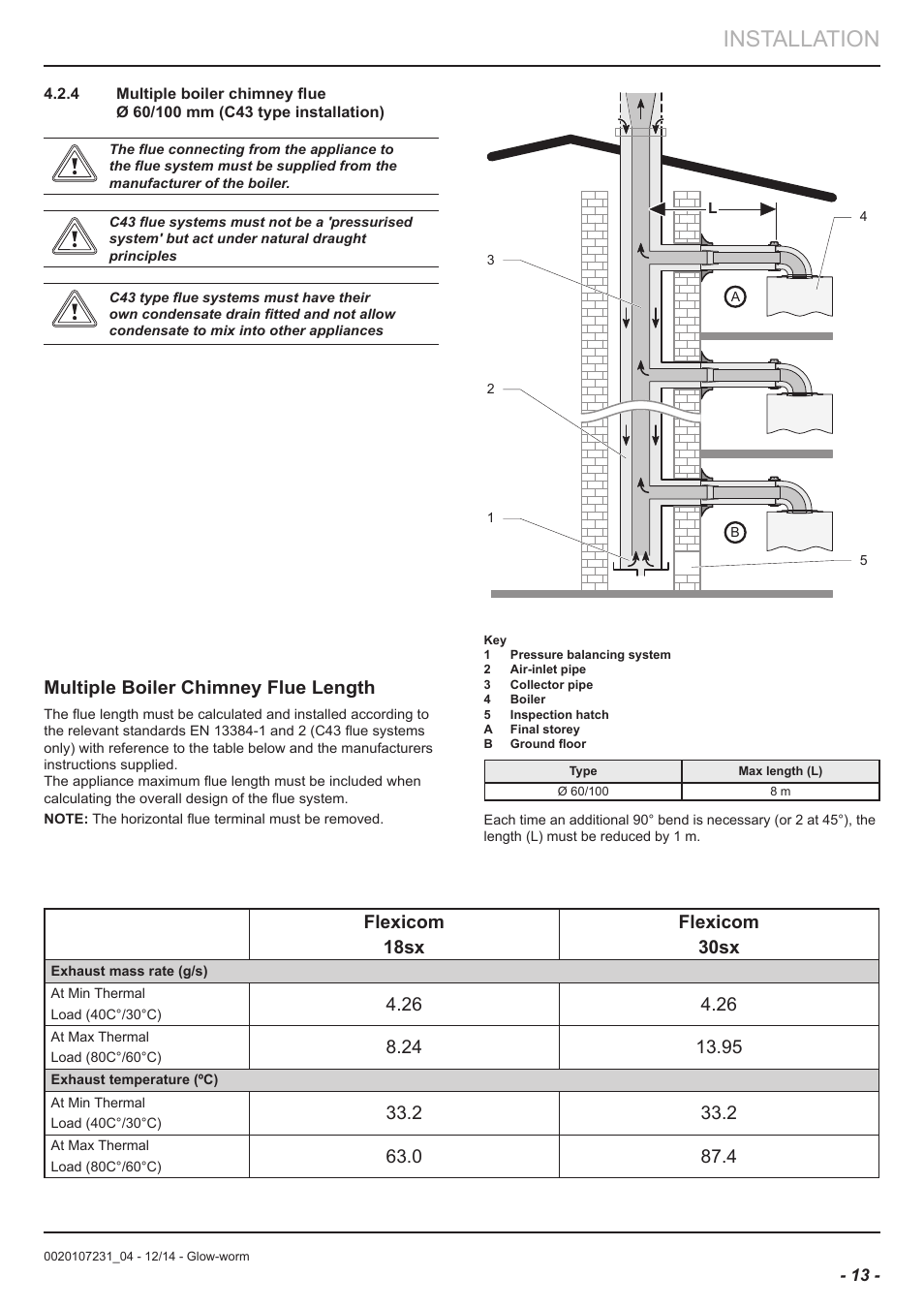 Installation, Multiple boiler chimney flue length, Flexicom 18sx flexicom 30sx | Glow-worm Flexicom sx User Manual | Page 13 / 52