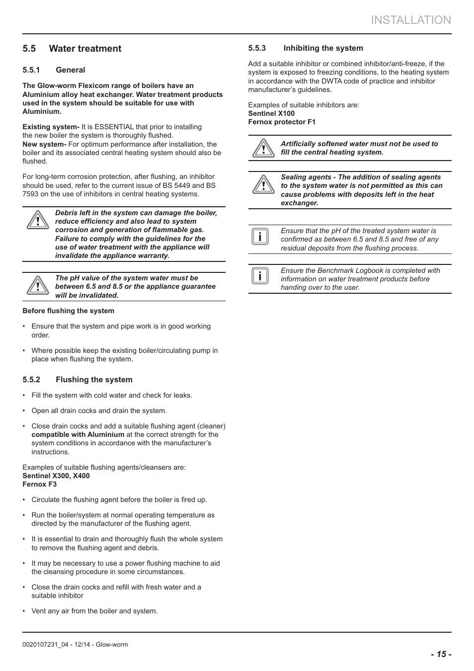 Installation, 5 water treatment | Glow-worm Flexicom sx User Manual | Page 15 / 52