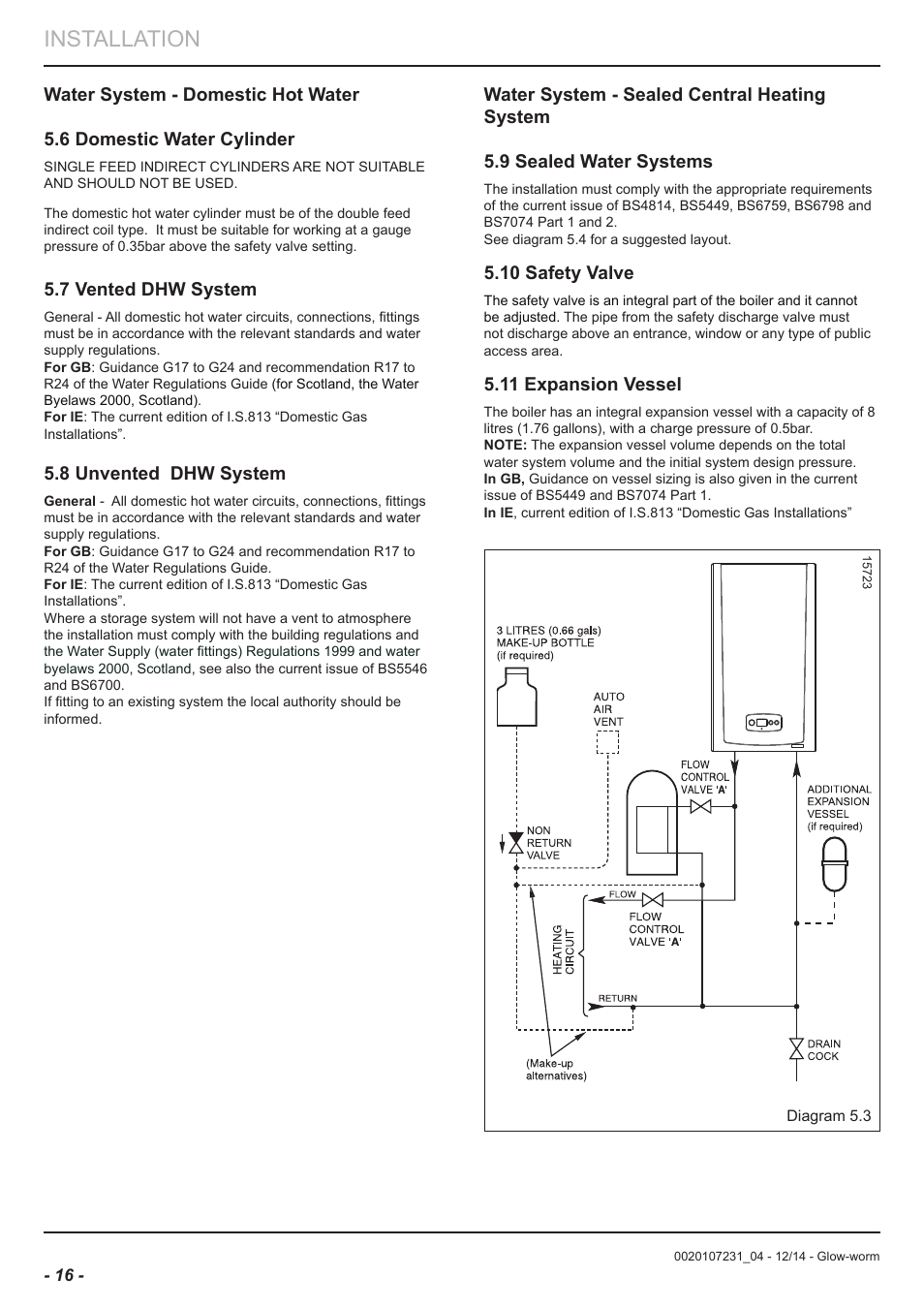 Installation, 7 vented dhw system, 8 unvented dhw system | 10 safety valve, 11 expansion vessel | Glow-worm Flexicom sx User Manual | Page 16 / 52