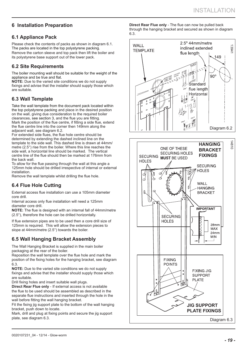 Installation, 6 installation preparation 6.1 appliance pack, 2 site requirements | 3 wall template, 4 flue hole cutting, 5 wall hanging bracket assembly | Glow-worm Flexicom sx User Manual | Page 19 / 52