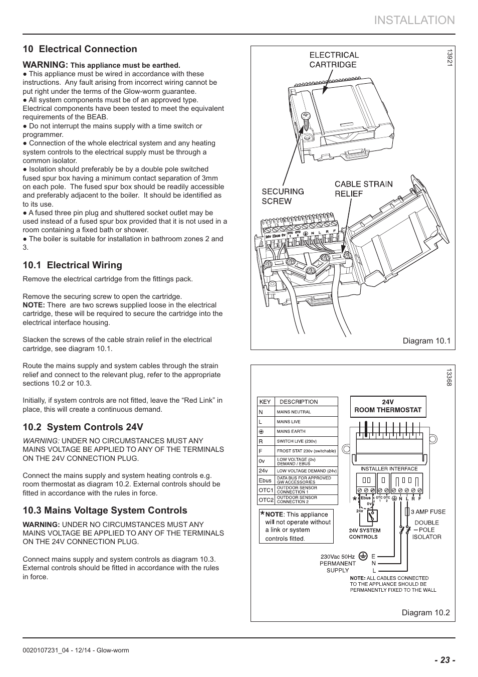 Installation, 10 electrical connection, 1 electrical wiring | 2 system controls 24v, 3 mains voltage system controls | Glow-worm Flexicom sx User Manual | Page 23 / 52