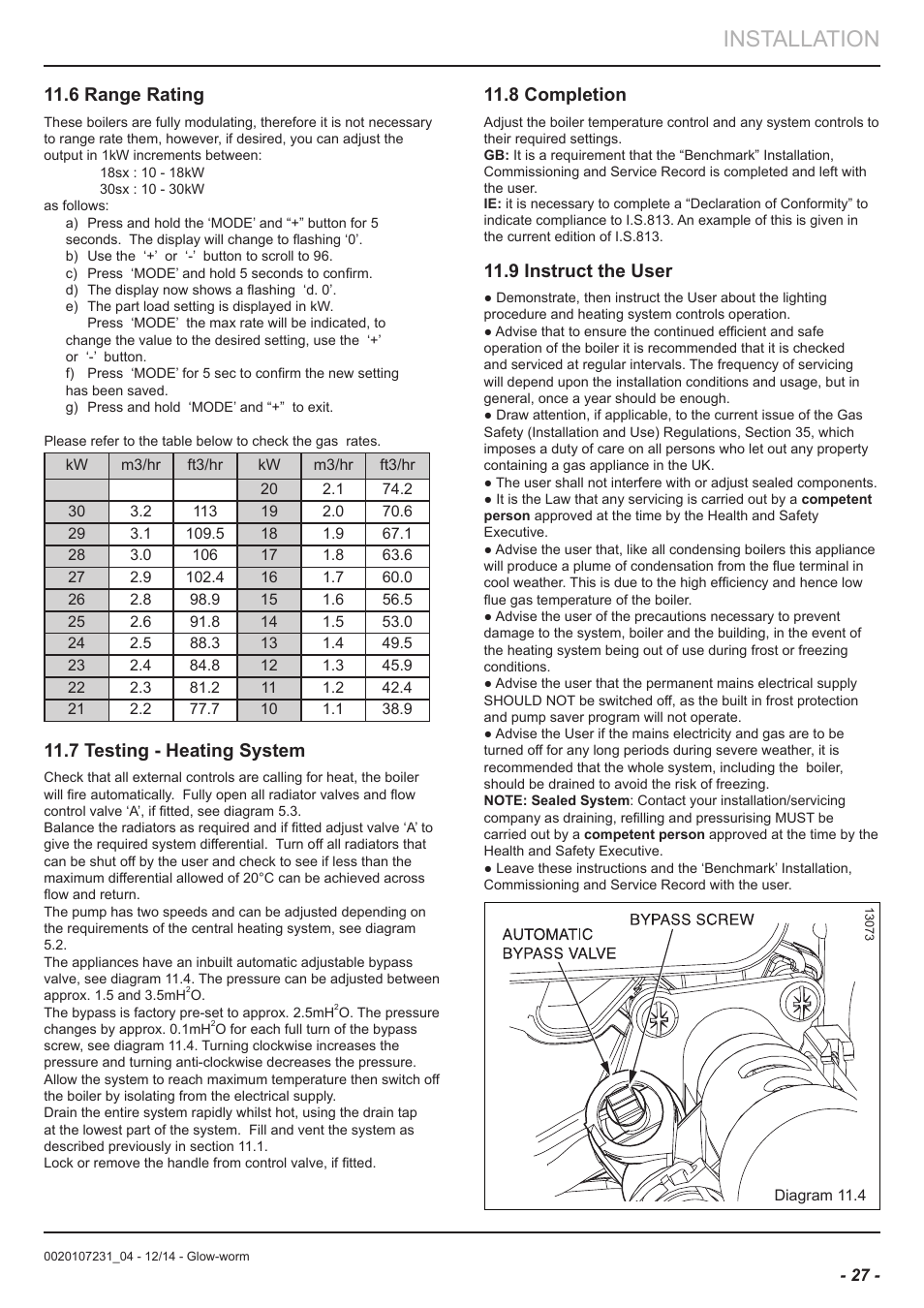 Installation, 6 range rating, 7 testing - heating system | 8 completion, 9 instruct the user | Glow-worm Flexicom sx User Manual | Page 27 / 52