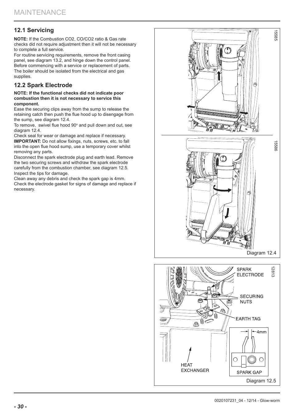 Maintenance, 1 servicing, 2 spark electrode | Glow-worm Flexicom sx User Manual | Page 30 / 52