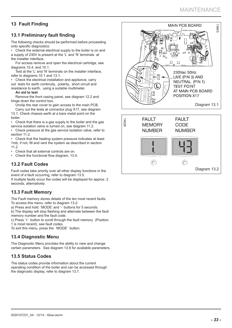 Maintenance, 2 fault codes, 4 diagnostic menu | 5 status codes | Glow-worm Flexicom sx User Manual | Page 33 / 52