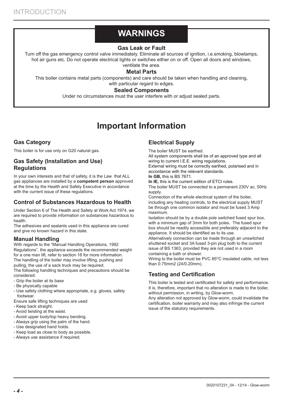 Important information warnings, Introduction, Gas category | Gas safety (installation and use) regulations, Control of substances hazardous to health, Manual handling, Electrical supply, Testing and certification, Gas leak or fault, Metal parts | Glow-worm Flexicom sx User Manual | Page 4 / 52