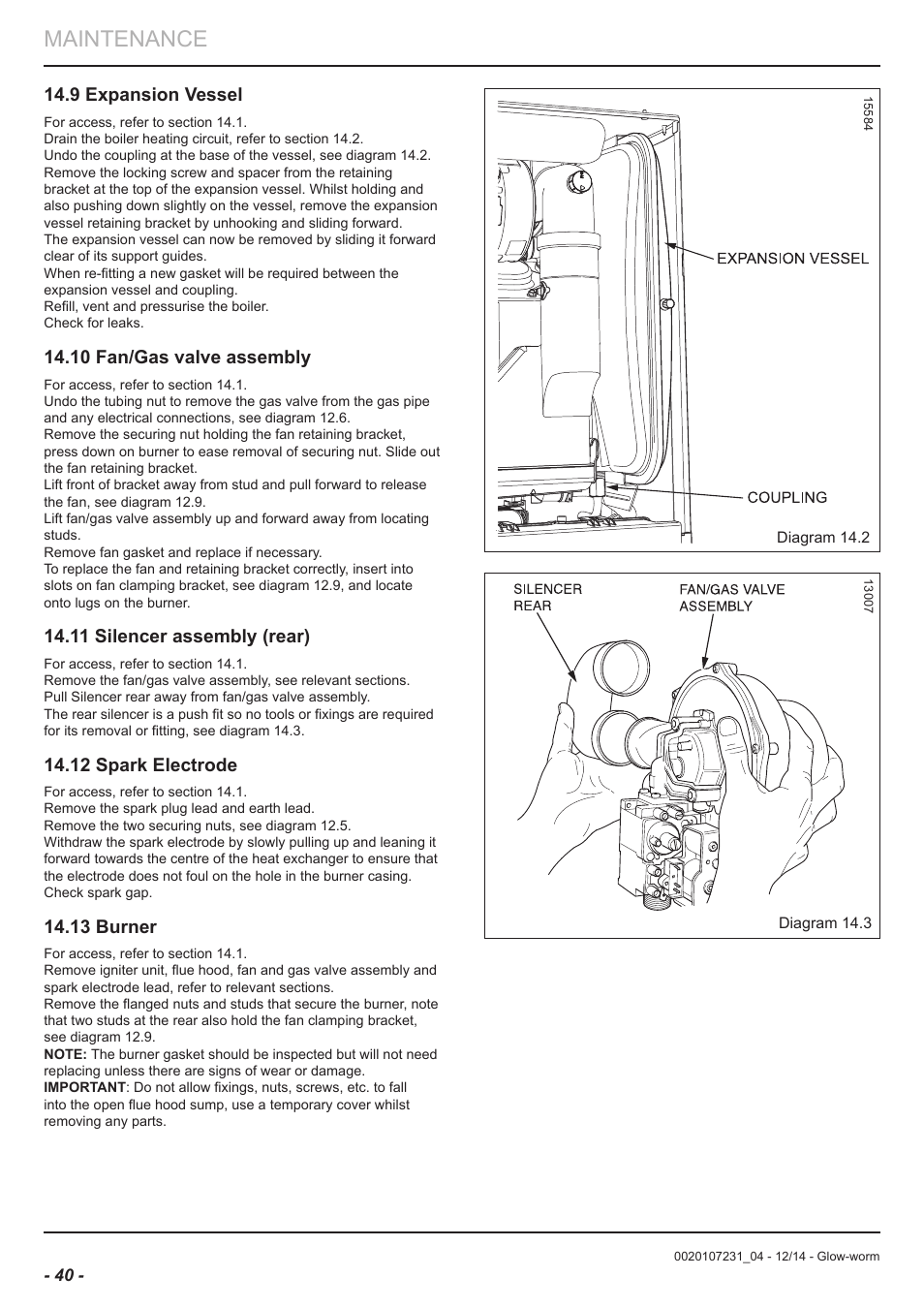 Maintenance, 9 expansion vessel, 10 fan/gas valve assembly | 11 silencer assembly (rear), 12 spark electrode, 13 burner | Glow-worm Flexicom sx User Manual | Page 40 / 52