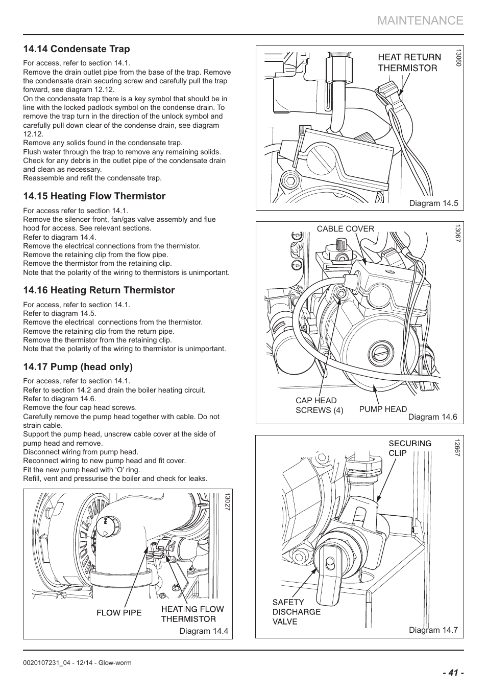 Maintenance, 14 condensate trap, 15 heating flow thermistor | 16 heating return thermistor, 17 pump (head only) | Glow-worm Flexicom sx User Manual | Page 41 / 52