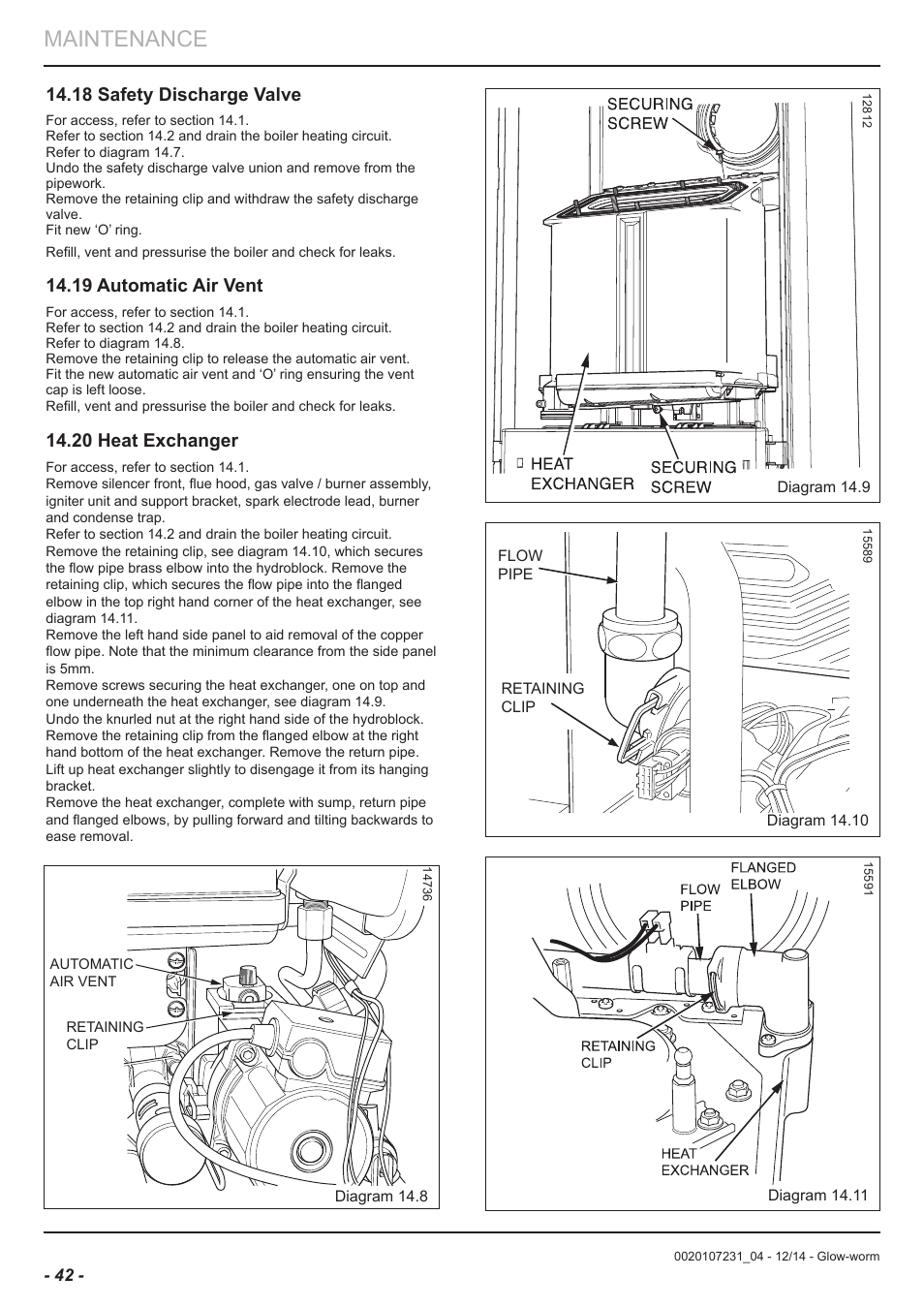 Maintenance, 18 safety discharge valve, 19 automatic air vent | 20 heat exchanger | Glow-worm Flexicom sx User Manual | Page 42 / 52