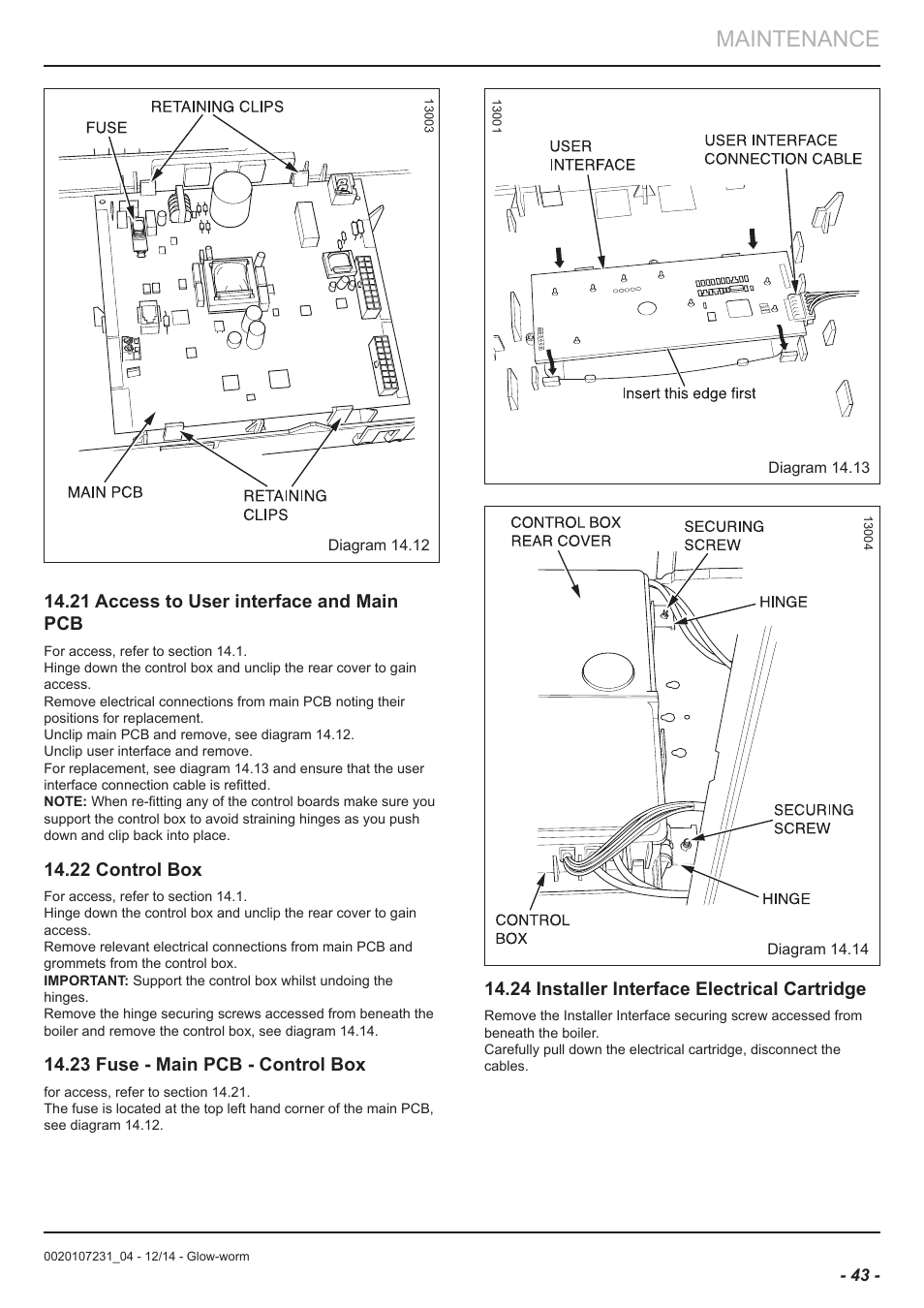 Maintenance, 21 access to user interface and main pcb, 22 control box | 23 fuse - main pcb - control box, 24 installer interface electrical cartridge | Glow-worm Flexicom sx User Manual | Page 43 / 52