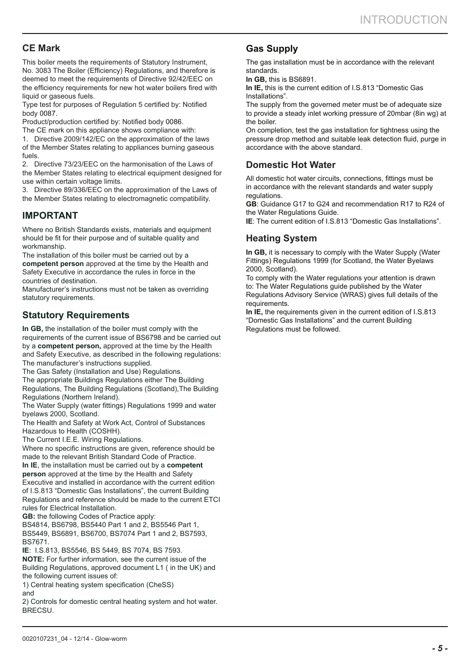 Introduction, Ce mark, Important | Statutory requirements, Gas supply, Domestic hot water, Heating system | Glow-worm Flexicom sx User Manual | Page 5 / 52