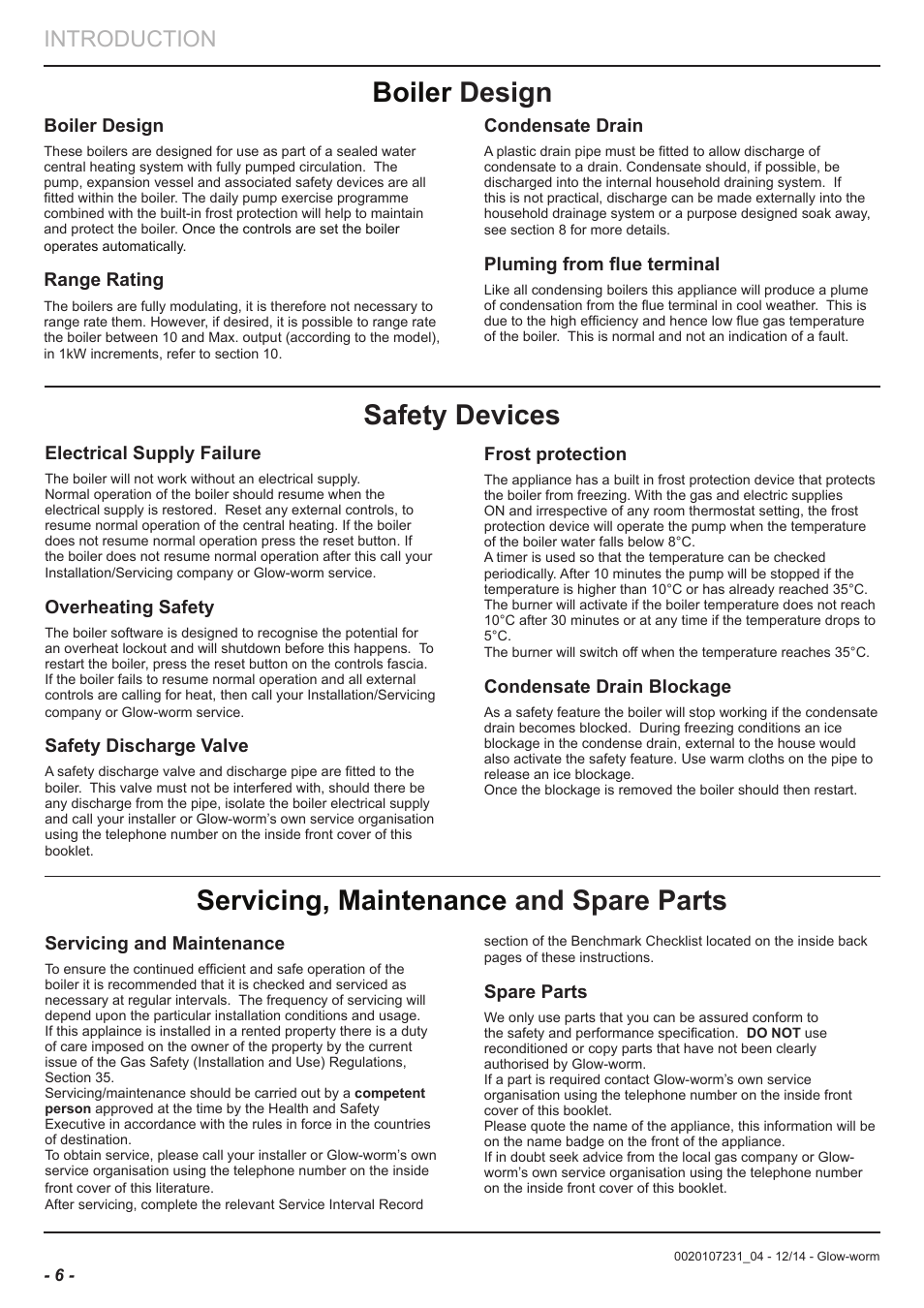 Boiler design, Safety devices, Servicing, maintenance and spare parts | Introduction, Range rating, Electrical supply failure, Overheating safety, Safety discharge valve, Frost protection, Condensate drain blockage | Glow-worm Flexicom sx User Manual | Page 6 / 52