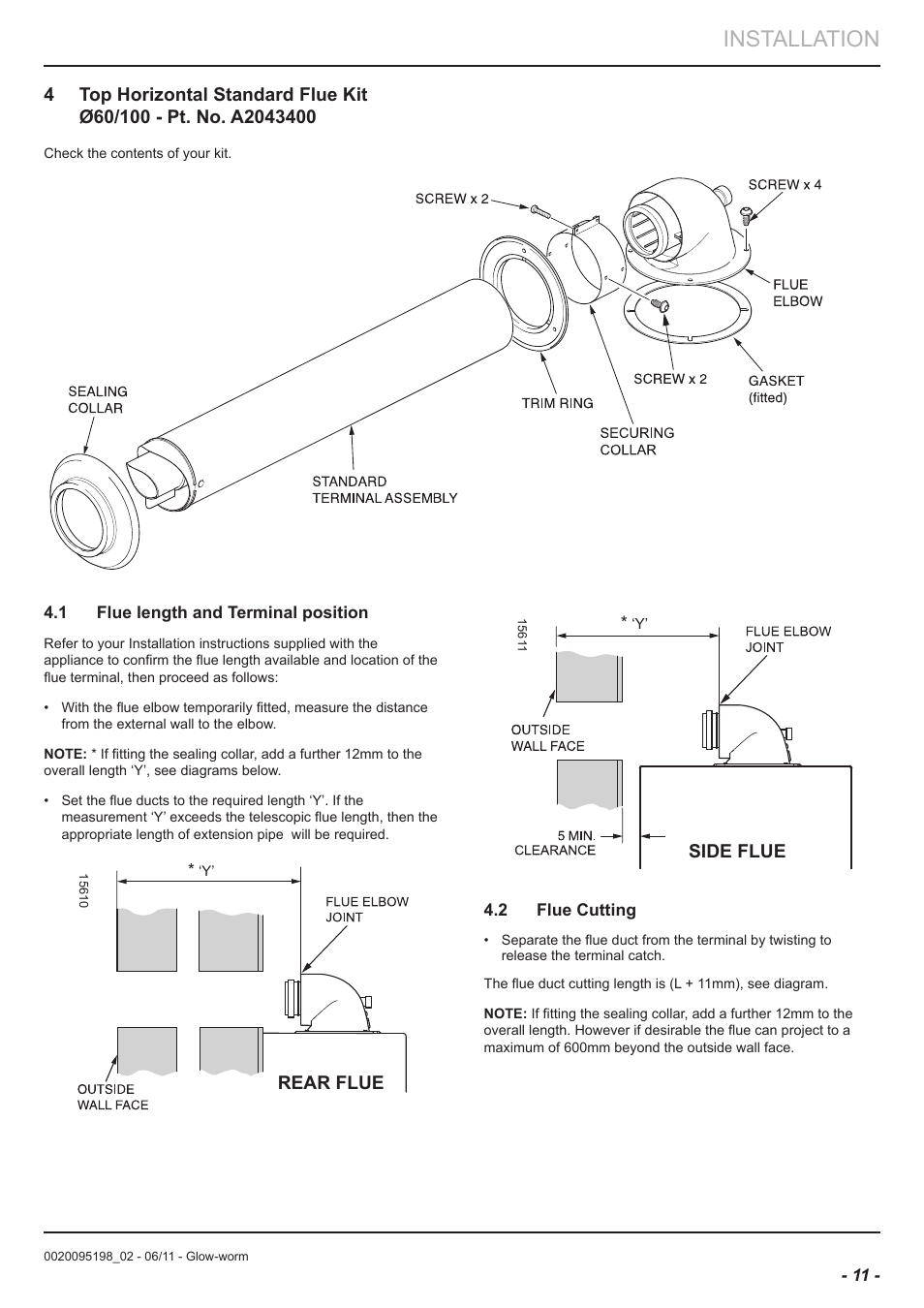 Installation, Rear flue, Side flue | Glow-worm Flue User Manual | Page 11 / 28